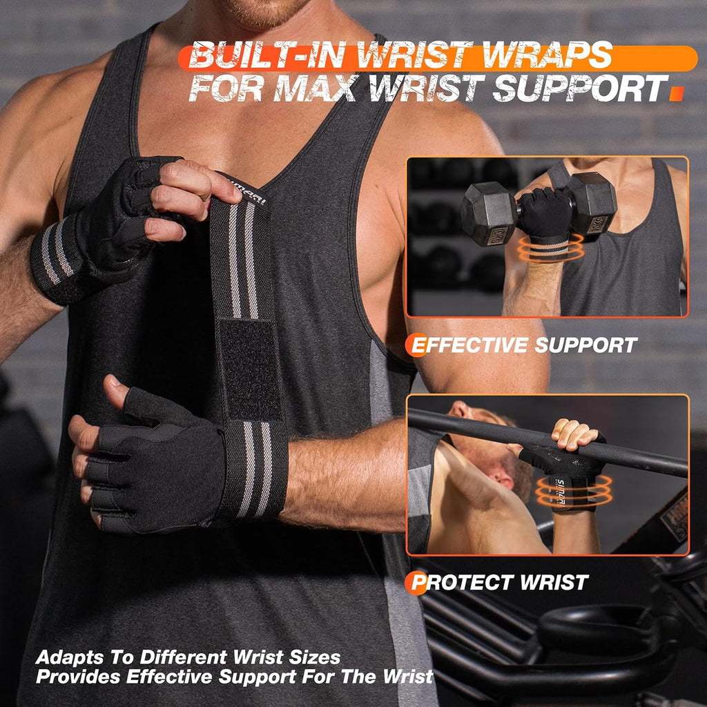 SIMARI Workout Gym Gloves for Men Women, Weight Lifting Gloves with Wrist Wrap Support, SBR Pad Grip for Full Palm Protection, for Exercise, Fitness, Dumbbells, Barbell, Climbing, Fingerless
