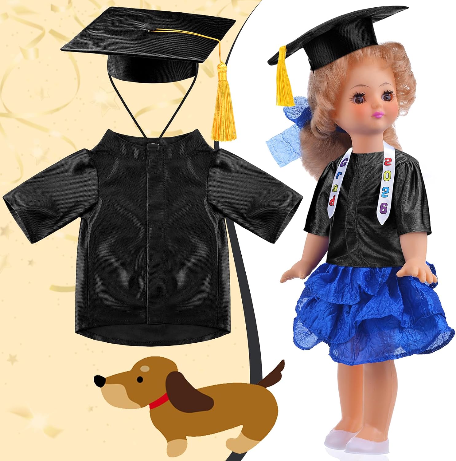 Chicingyou Small Dog Graduation Cap and Gown 2026 with Stole Washable Shirt and Hat Pet Graduation Gown Costume Outfit for Tiny Dog Little Cat Doll Clothes Holiday Halloween Costume Accessory(Black)