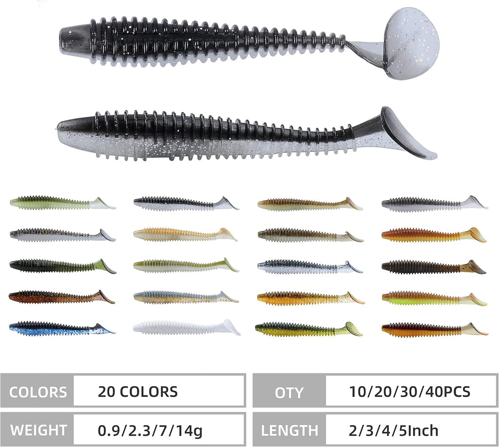 RUNCL Swimbaits Paddle 10/20/30/40PCS, 5/4/3/2 Inchs Paddle Tail, Soft Lure for Trout Crappie Bass, Durable Plastic Bait Swimmer for Saltwater/Freshwater, Fishing Lover's Gift
