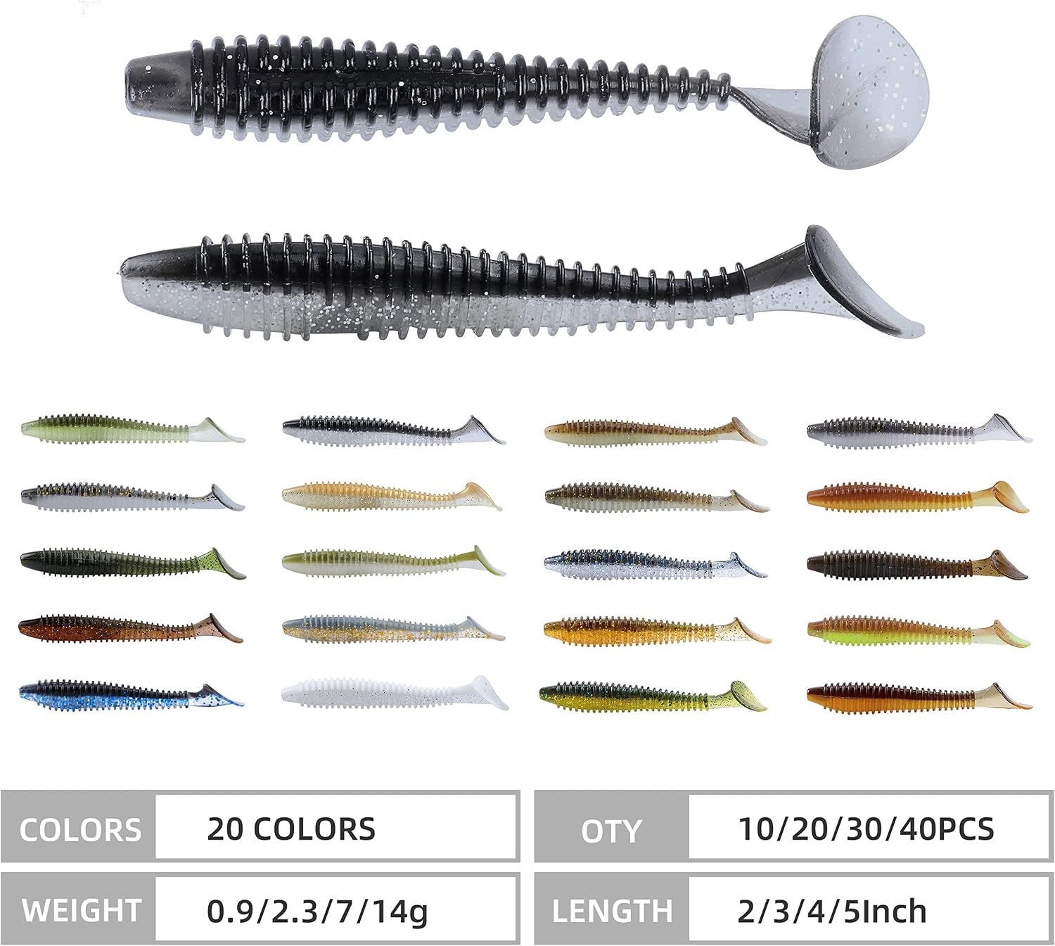 RUNCL Swimbaits Paddle 10/20/30/40PCS, 5/4/3/2 Inchs Paddle Tail, Soft Lure for Trout Crappie Bass, Durable Plastic Bait Swimmer for Saltwater/Freshwater, Fishing Lover's Gift