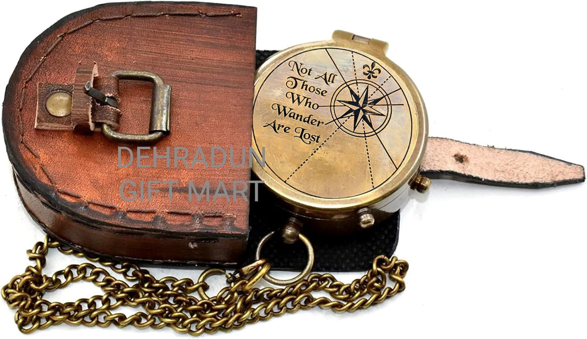 “Not All Those Who Wander are Lost” Engraved Vintage Pocket Compass, Antique Brass Nautical Compass with Leather Case, Travel Gift for Men & Women, Hiking Camping Navigation Tool, Graduation Gift