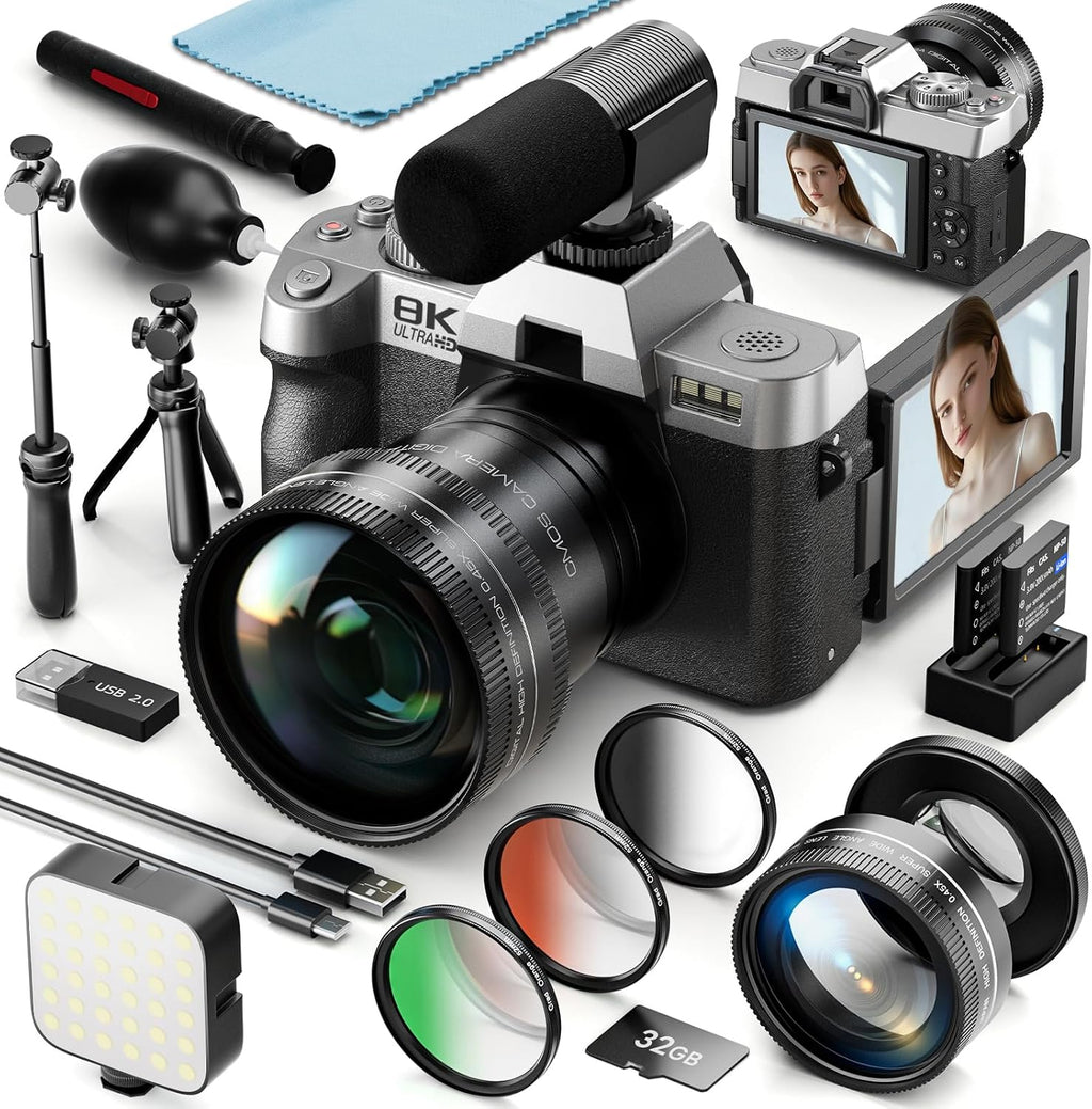 8K 64MP Digital Cameras for Photography,16X Zoom,3 Color Filters (Pink)