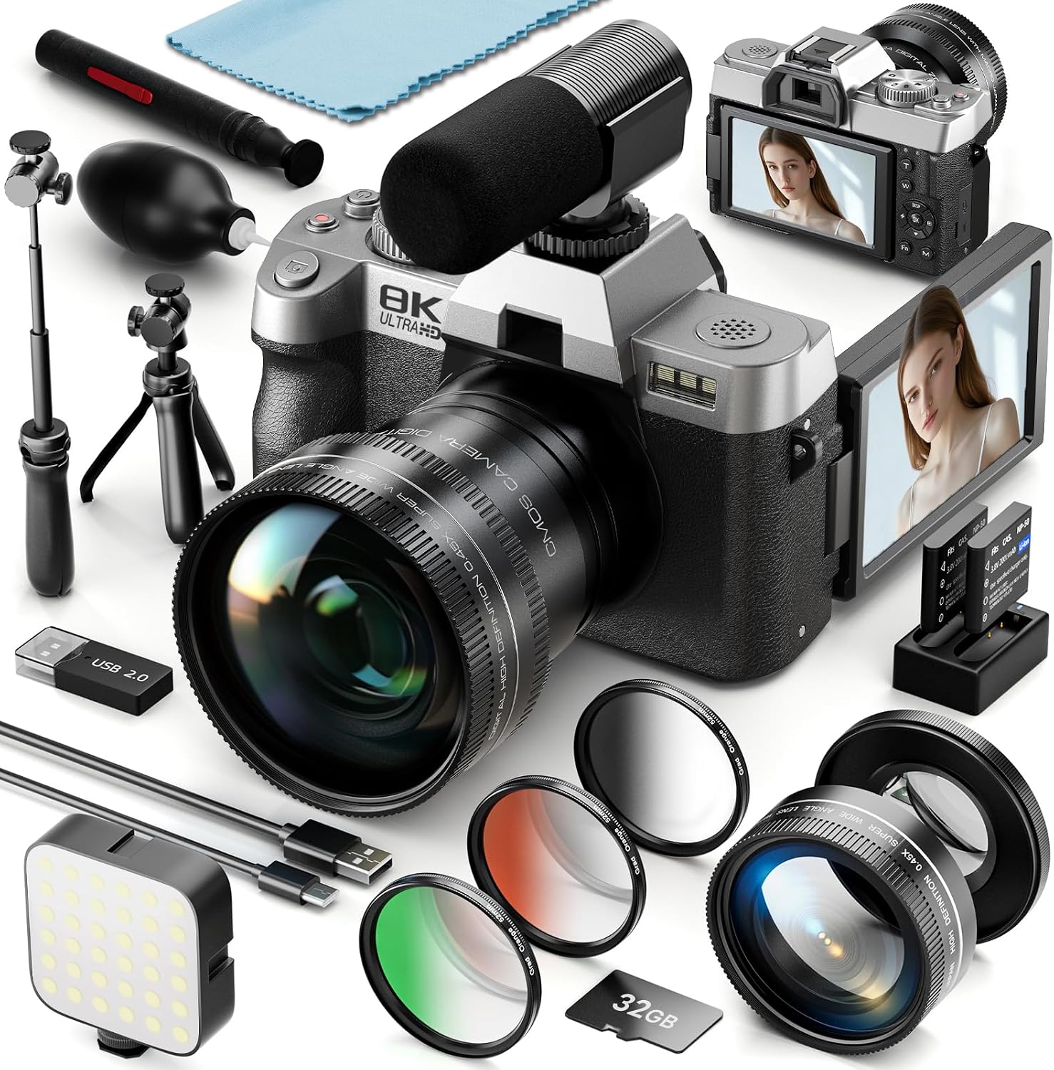 8K 64MP Digital Cameras for Photography,16X Zoom,3 Color Filters (Pink)