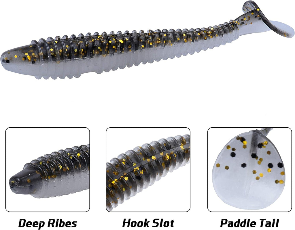 RUNCL Swimbaits Paddle 10/20/30/40PCS, 5/4/3/2 Inchs Paddle Tail, Soft Lure for Trout Crappie Bass, Durable Plastic Bait Swimmer for Saltwater/Freshwater, Fishing Lover's Gift