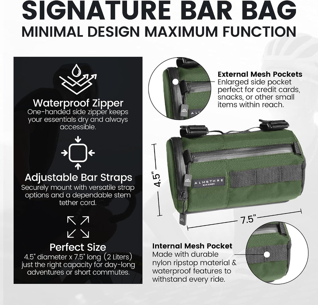 ALMSTHRE Signature Bar Bag – Hunter Green | Hard-Shell Bike Handlebar Bag with Waterproof Zippers & Adjustable Straps | Lightweight Bicycle Handlebar Bag, Compatible with Road, Gravel & MTB Bikes