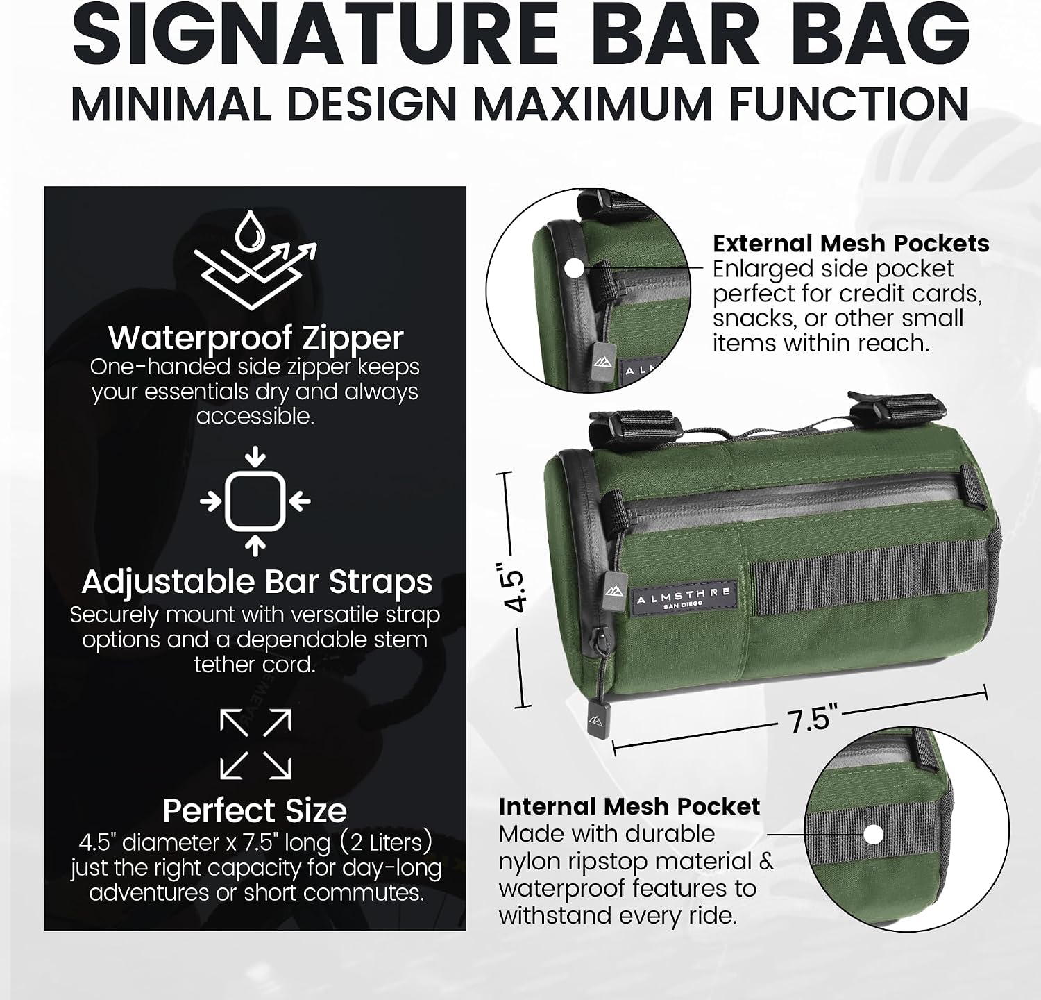 ALMSTHRE Signature Bar Bag – Hunter Green | Hard-Shell Bike Handlebar Bag with Waterproof Zippers & Adjustable Straps | Lightweight Bicycle Handlebar Bag, Compatible with Road, Gravel & MTB Bikes