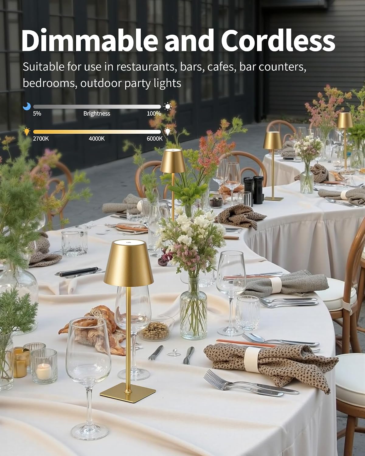 KDG Gold Cordless Table Lamps Set of 2, 4000mAh Rechargeable LED Desk Lamp