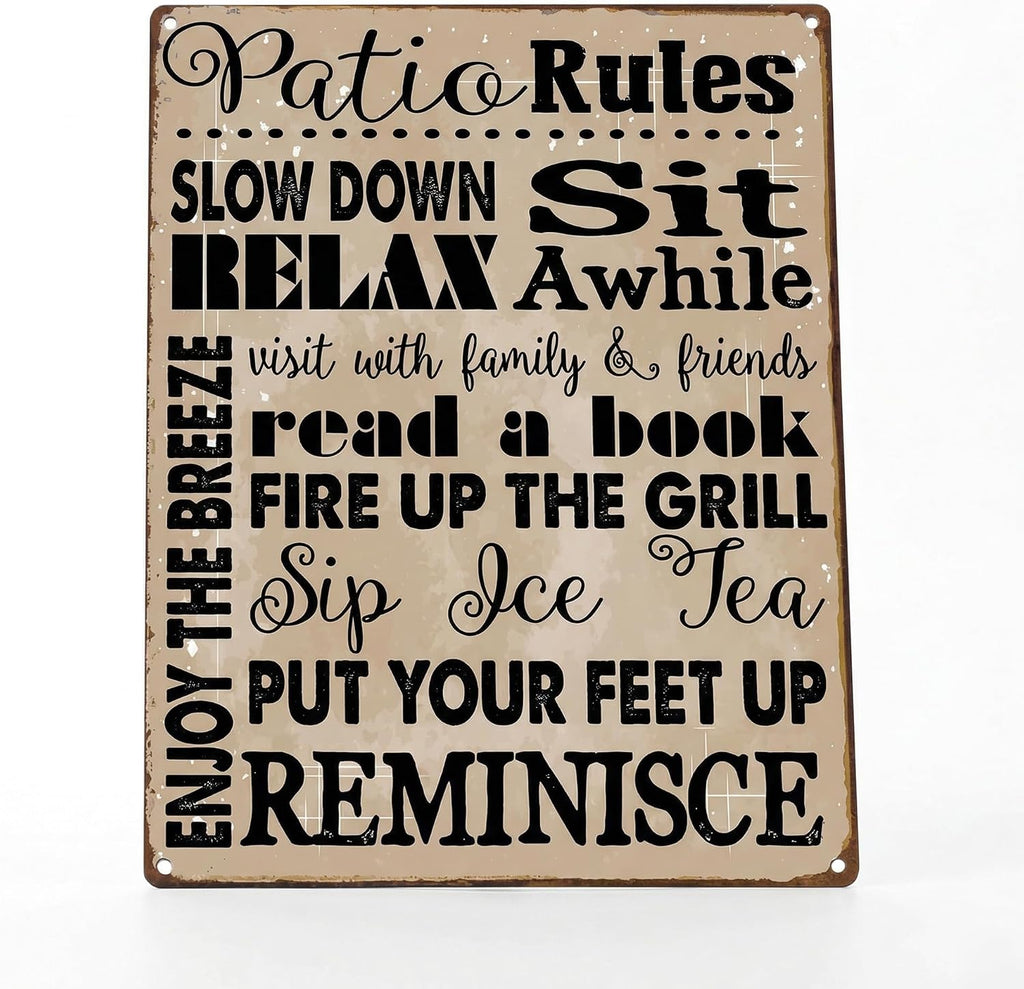 Homebody Accents Patio Rules Sign - Rustic Steel Porch Wall Decor, Outdoor Sign for Back Patio, Deck and Screened Porch, Positive Thinking Home Gift, Made in USA - 12"x16"