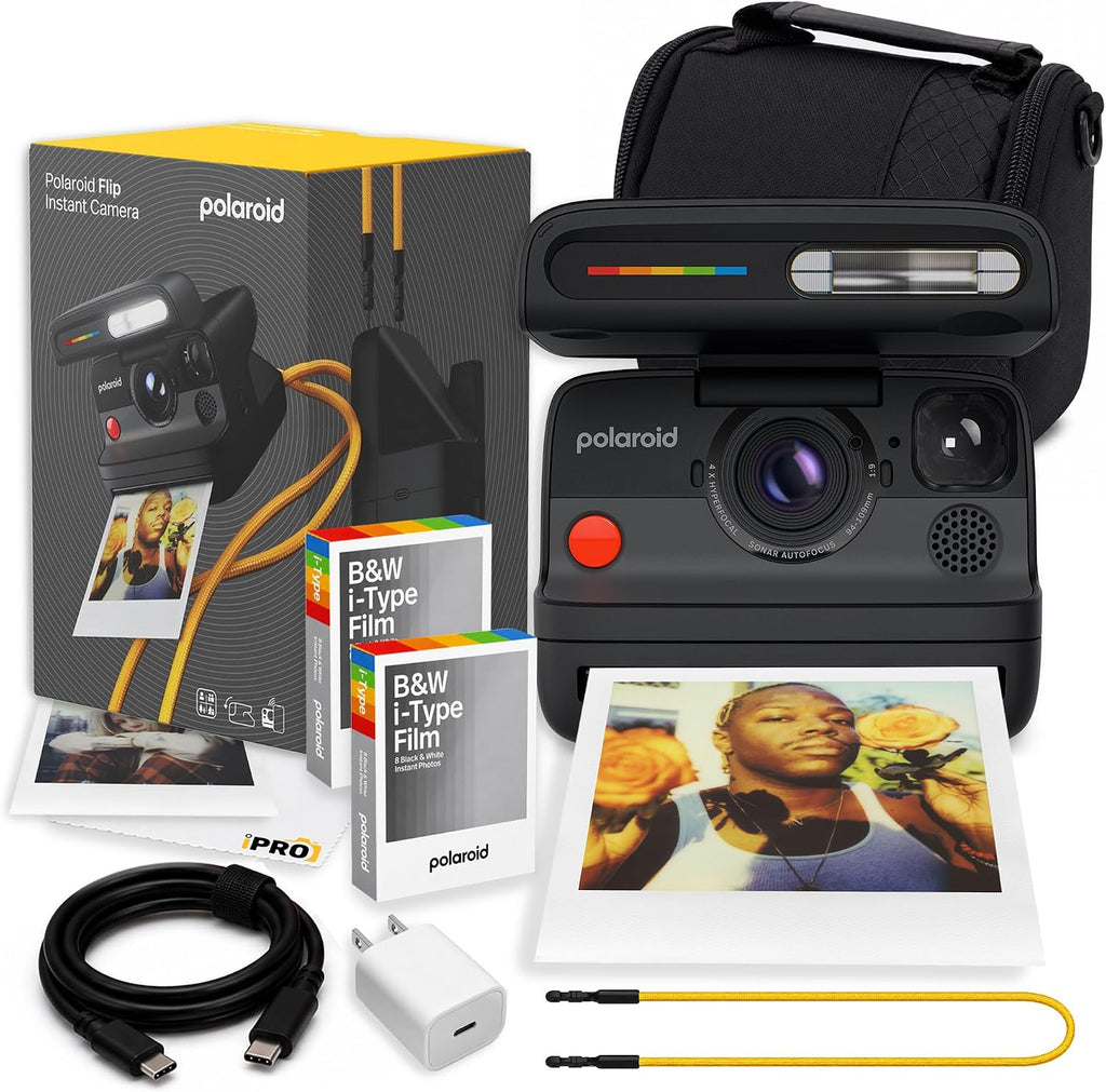 Polaroid Flip Instant Camera in Black with 4-Lens System + 16 Film Bundle | Instant Camera for Travel, Parties &amp; Creative Photography, Sonar Autofocus, Compatible with i-Type &amp; 600 Film