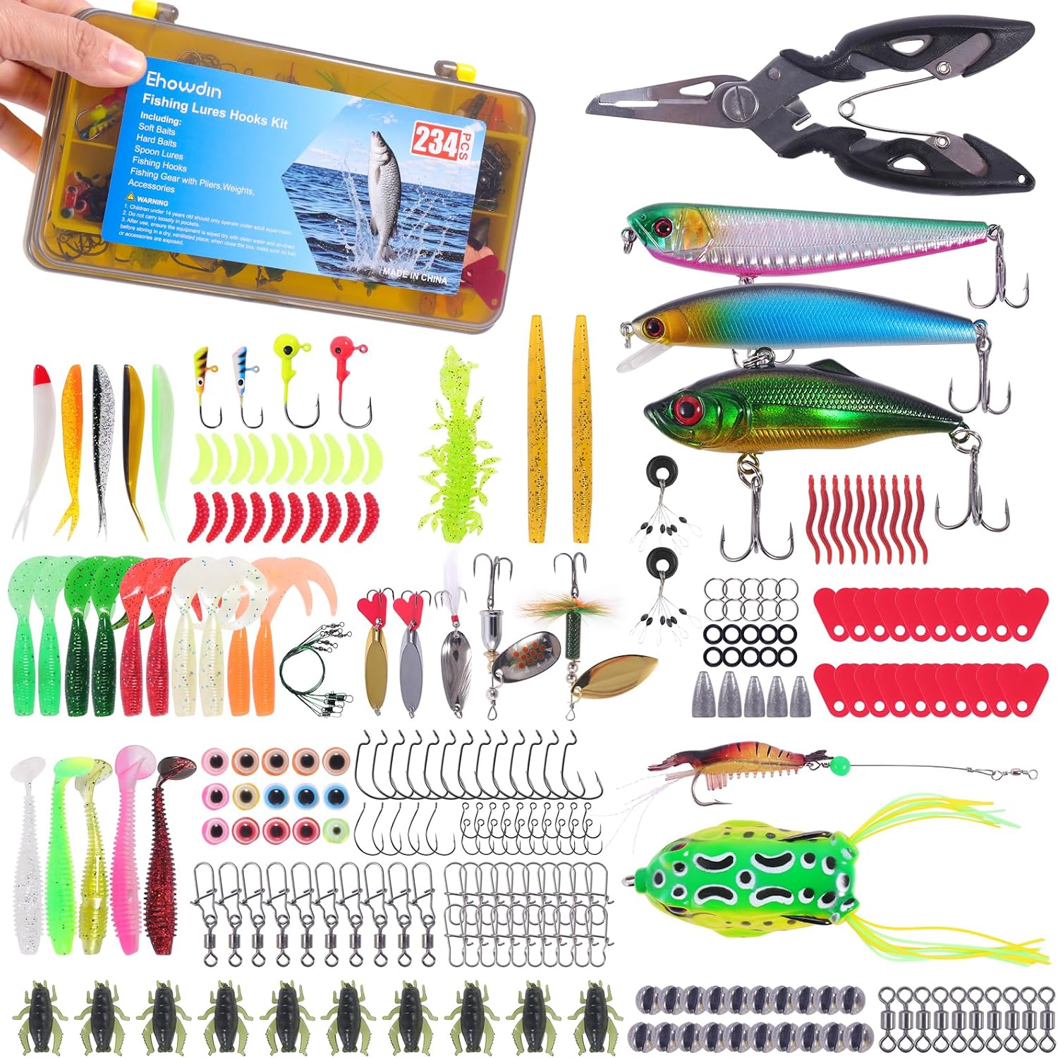 140/234PCS Fishing Lures Kit with Pliers, Fishing Gear Tackle Box Included Tackles, Bionic Baits,Spoon, Hooks, Weights Freshwater, Saltwater and Accessories for Men Women Kids