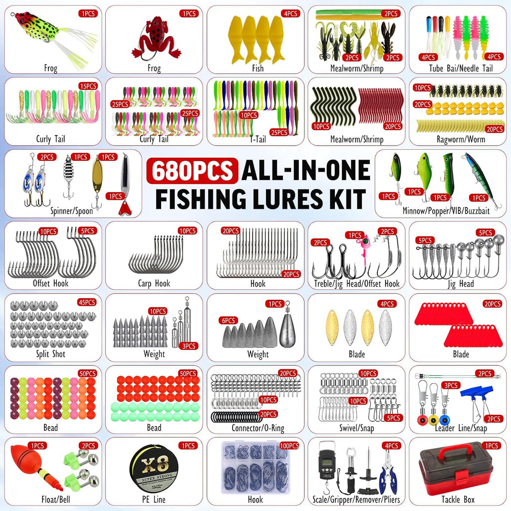 3-Layer Tackle Box with Tackle Included, 680Pcs Fishing Lures Kit- Pliers, Crankbait, Hooks, Weights & Accessories, Freshwater Saltwater Gear Bag for Bass Trout, Fishing Gift for Men Dad