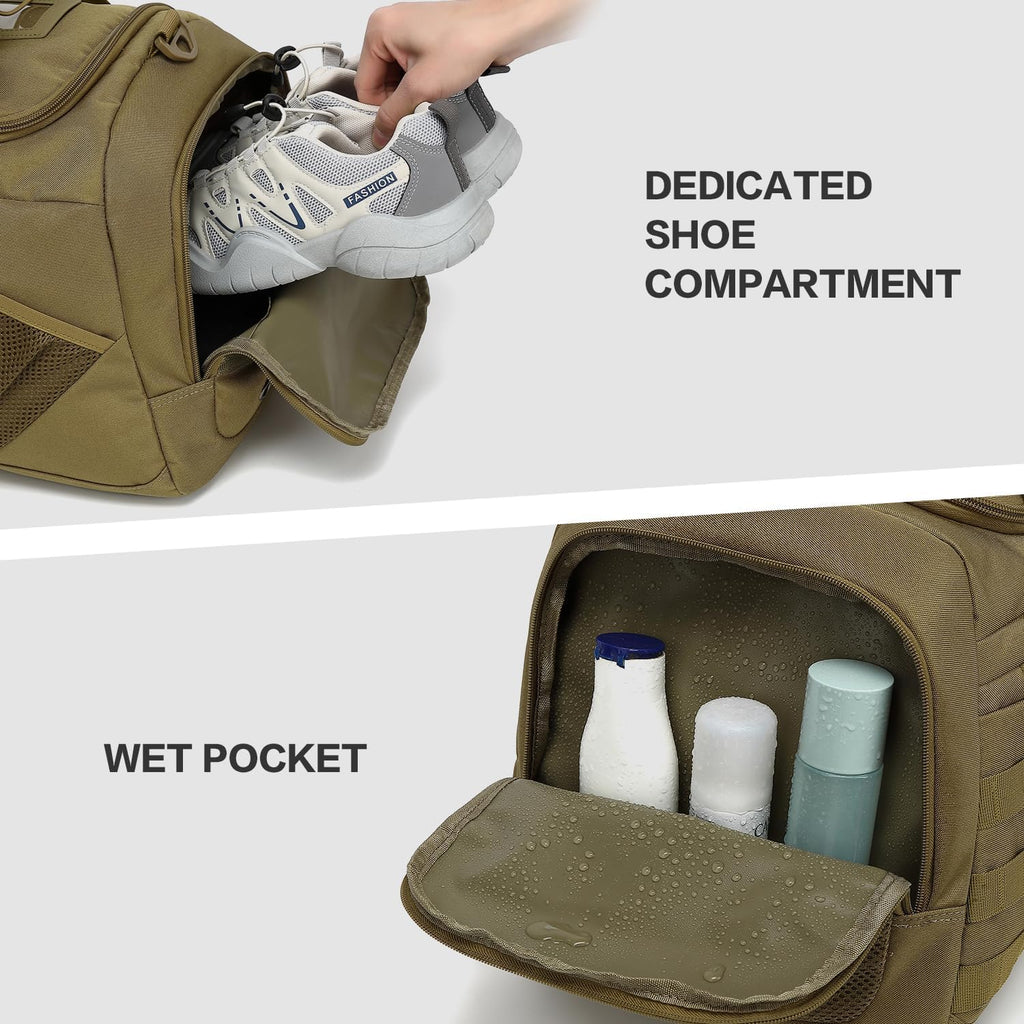 3-in-1 Tactical Gym & Travel Duffle Bag Backpack Men Multi-Functional 45L Military Sports Duffle Bag with Shoe Compartment & Wet Pocket for Workout Weekender Overnight Bag with Molle Webbing, Brown