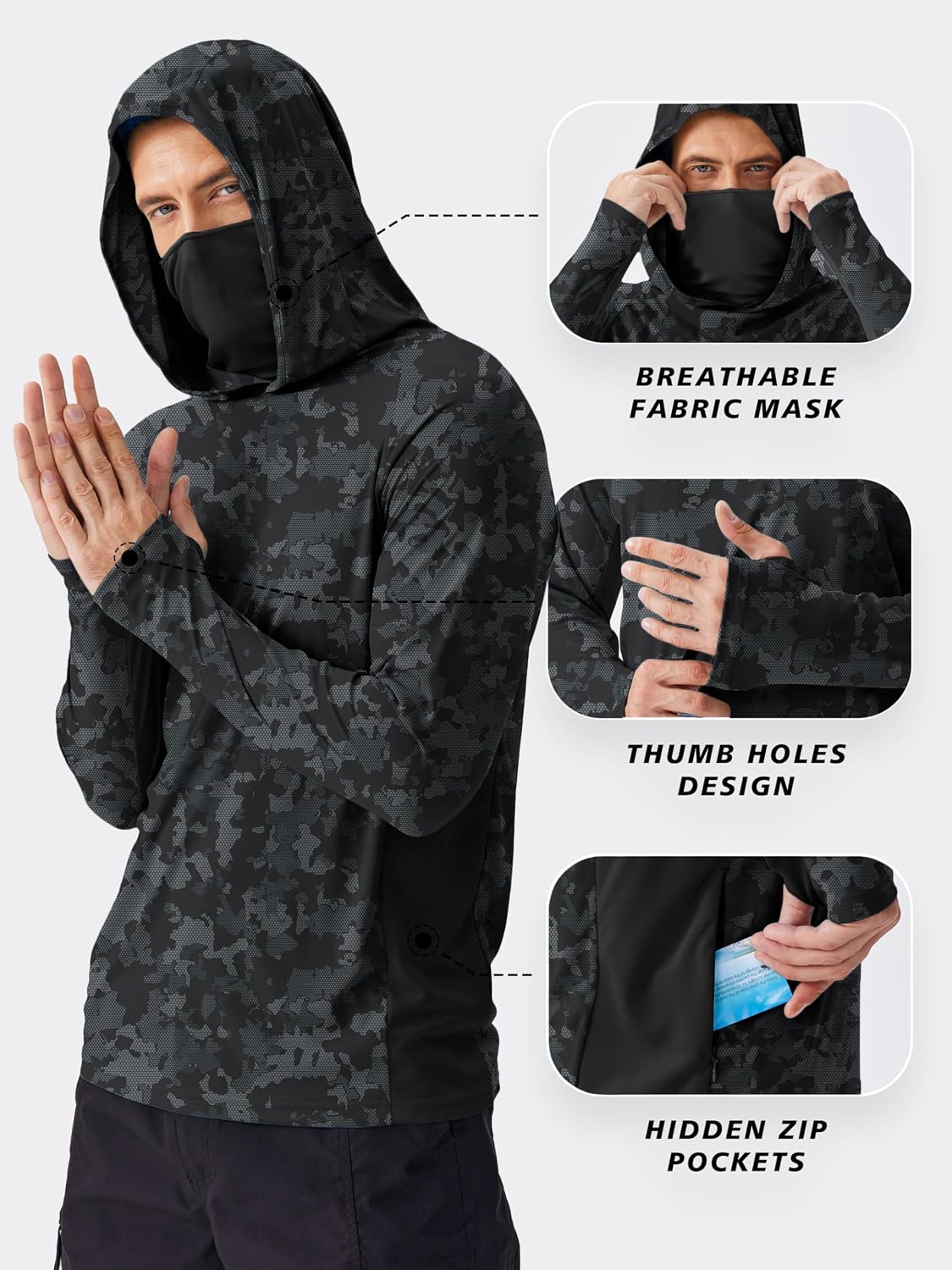 PINSPARK UPF 50+ Sun Hoodie Long Sleeve Fishing Shirts for Men with Mask