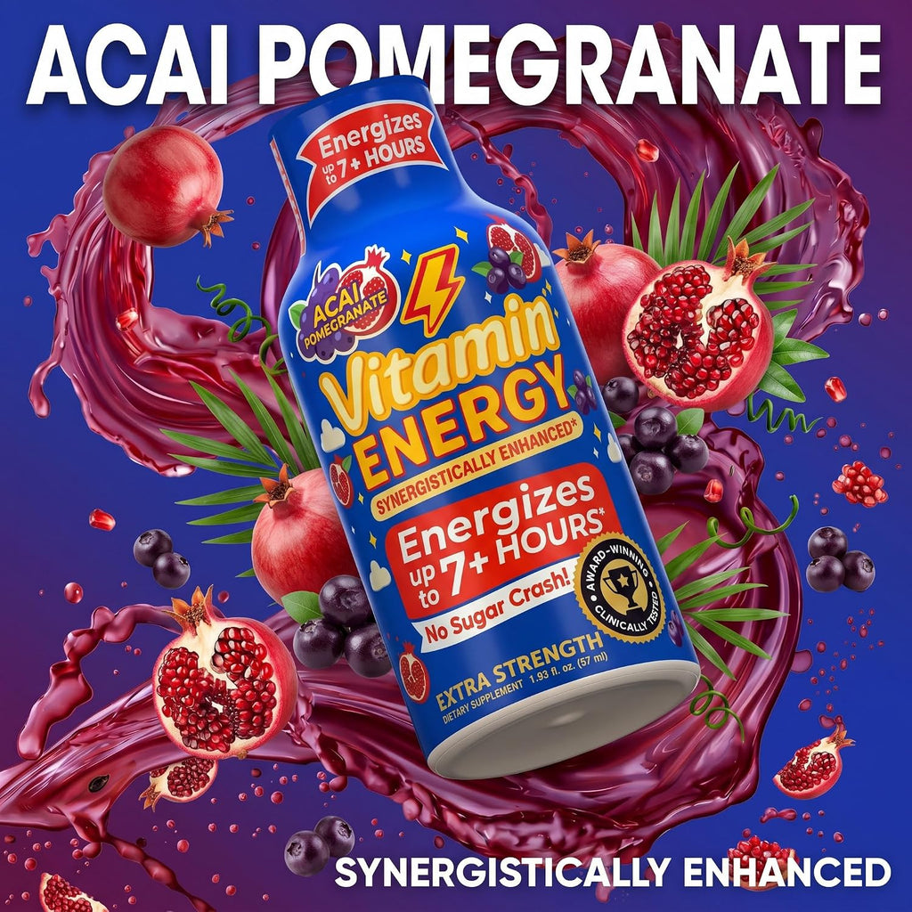 Vitamin Energy Acai Pomegranate Extra Strength Energy Shot, 24 Pack - Up to 7 Hrs, 260mg Natural Caffeine, Zero Sugar - B12 11,000% DV + B6 2,118% DV + Taurine 1,500mg, 1.93 fl oz, Keto Vegan