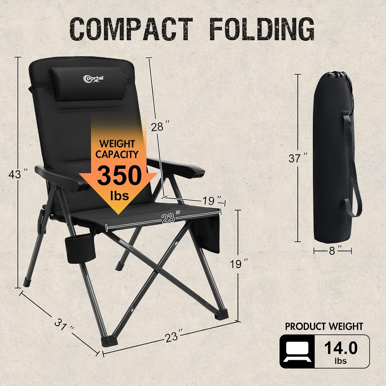 Portal Reclining Camping Chair with Adjustable Back, Black
