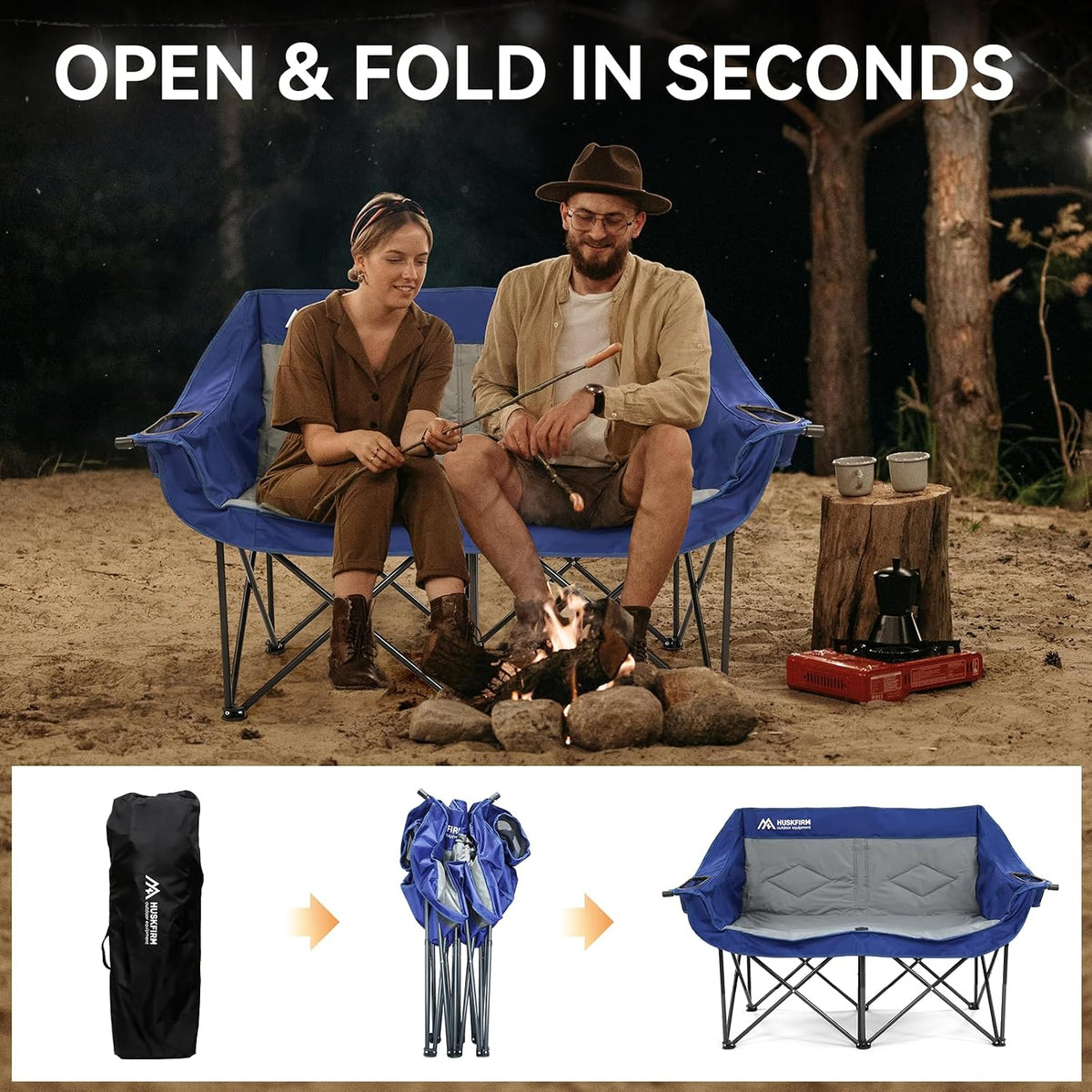 Oversized Double Camping Chairs for Adults, 2 Person Camping Chair, Blue