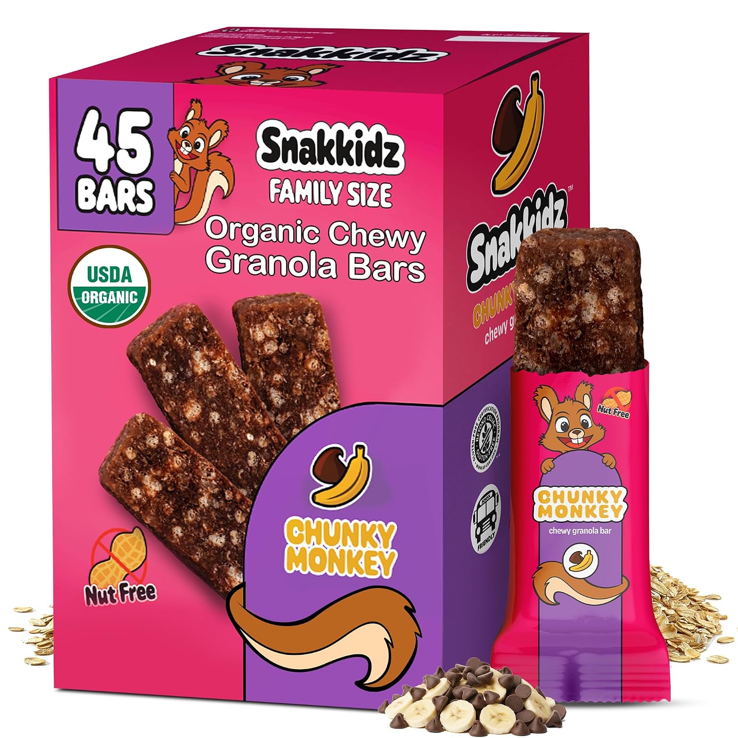 Snakkidz Organic Granola Bars, Chunky Monkey, Seed oil free, 45 Bars