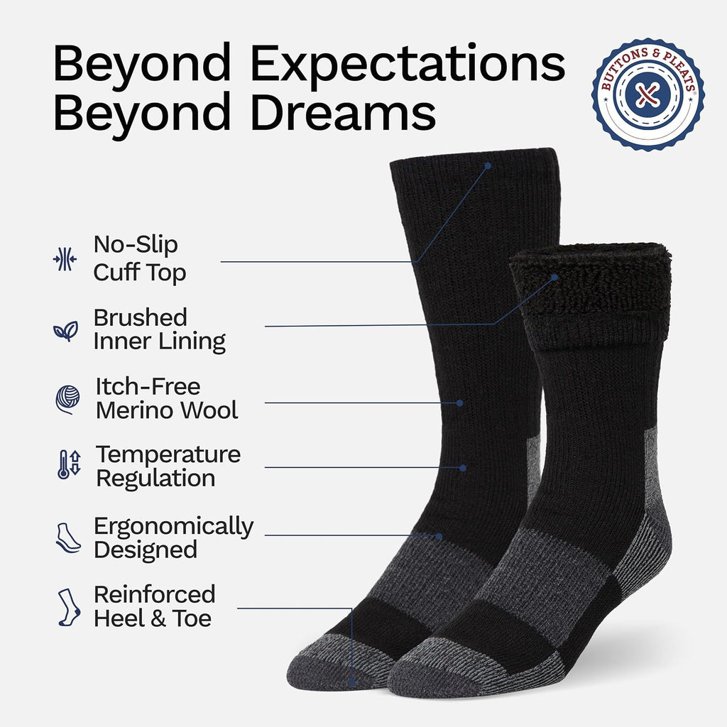 Buttons & Pleats Wool Socks for Men & Women Merino Thermal Warm Cozy Winter Boot Sock