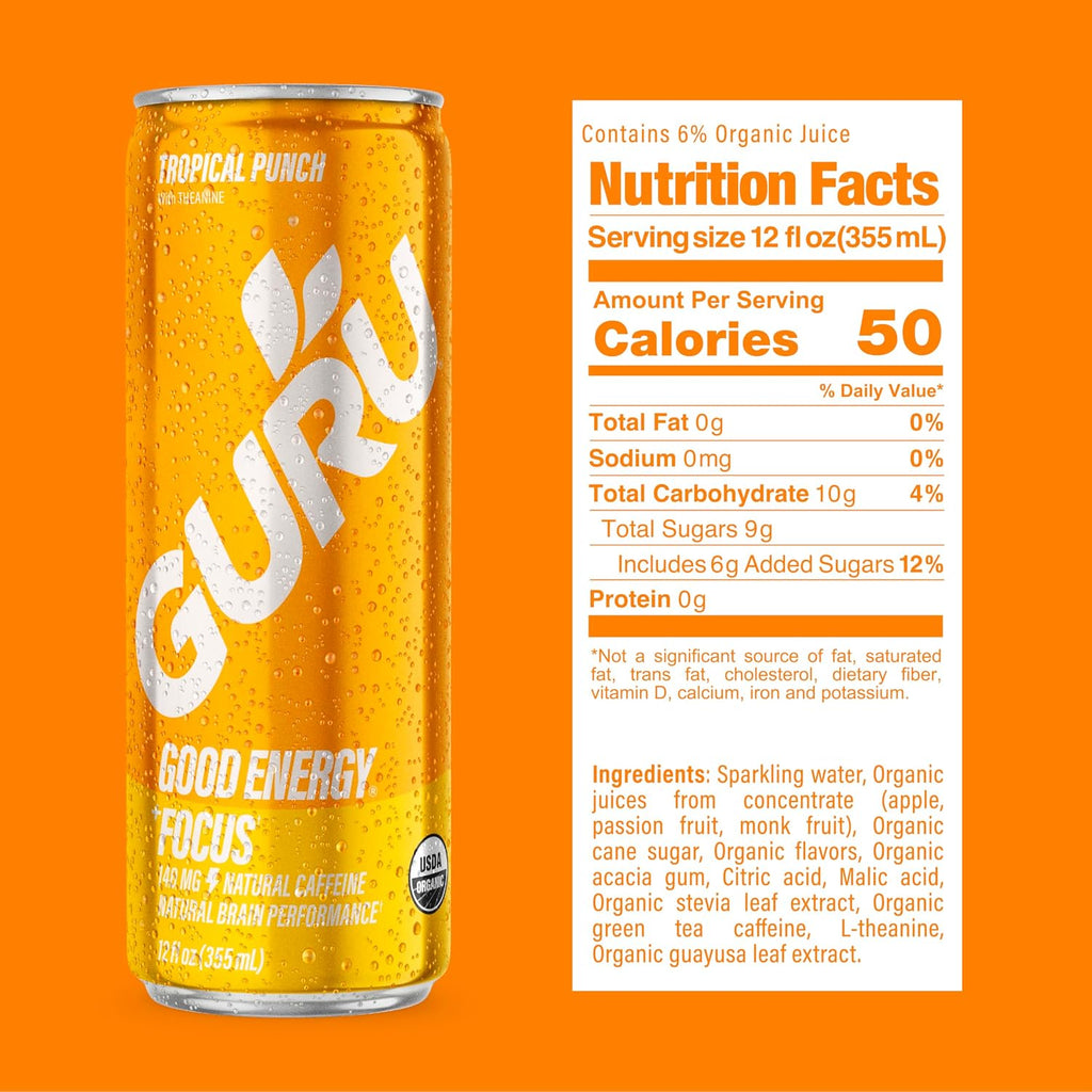 GURU Organic Energy Drink, Tropical Punch, 12 Fl Oz, 12 Pack