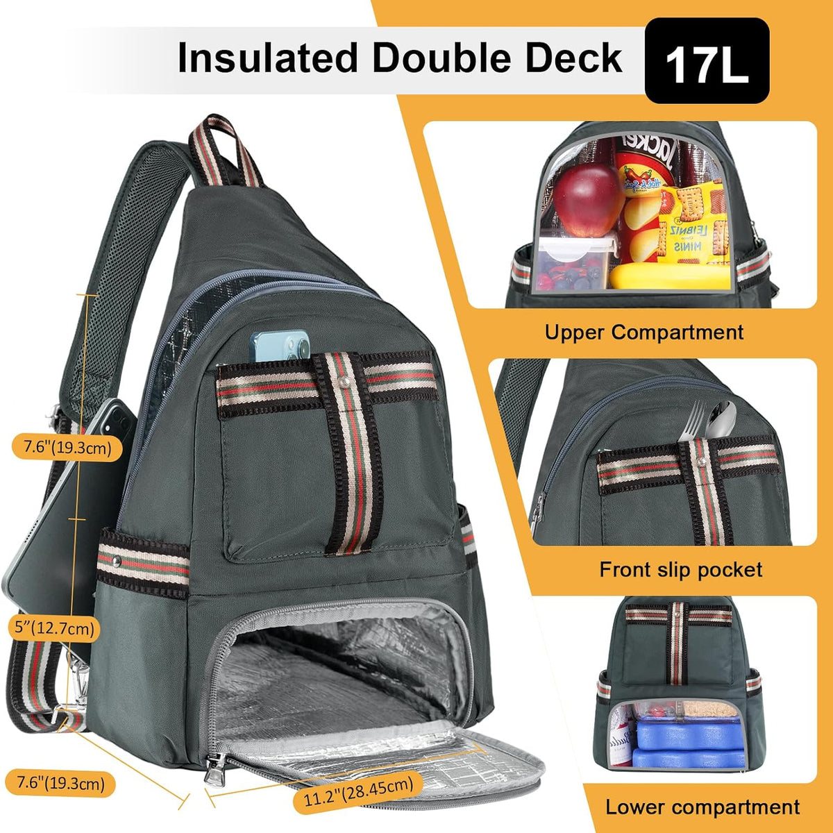 Crossbody Lunch Backpack, Double Deck Large Insulated leakproof Lunchbox