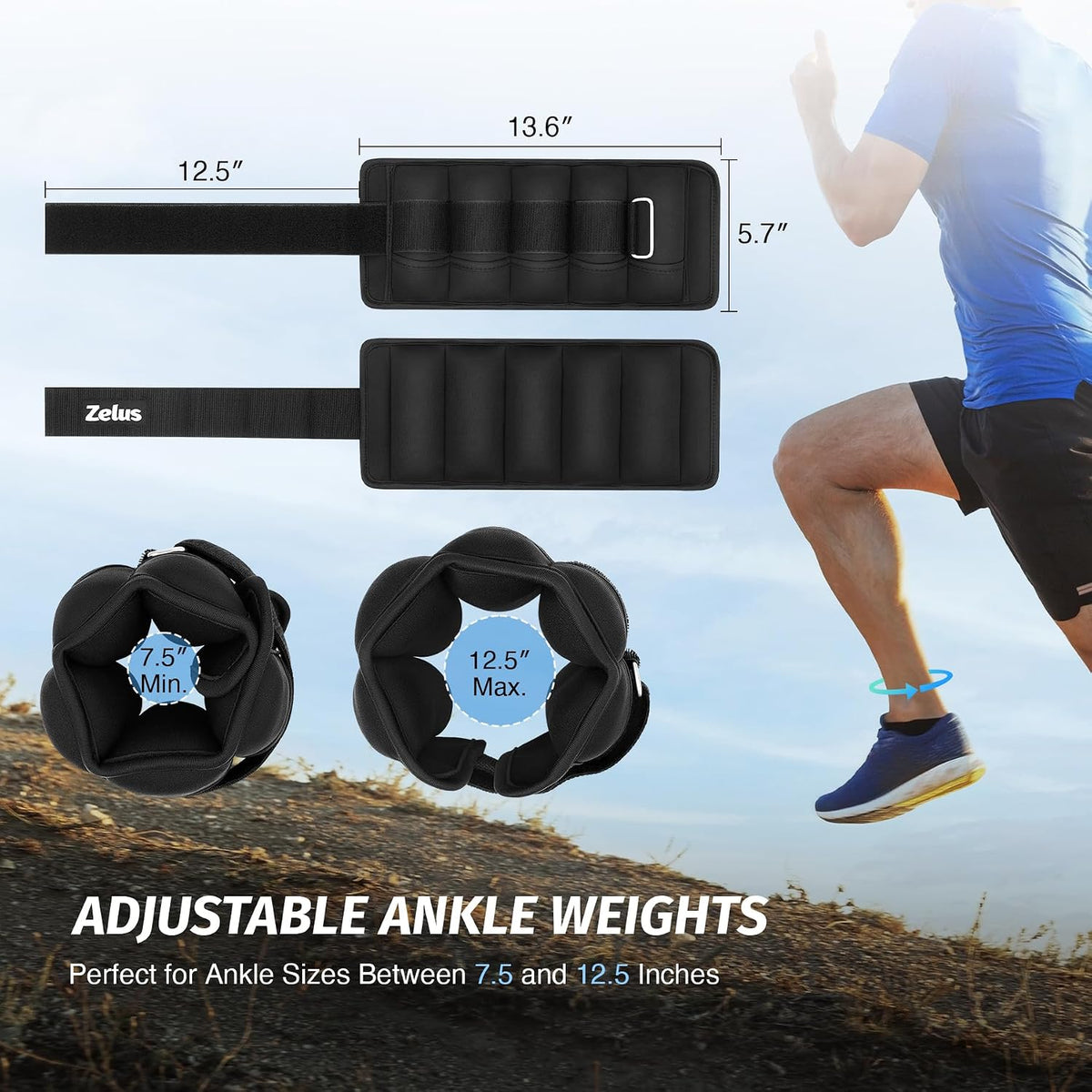 ZELUS 1 Pair Adjustable Ankle Weights, 2 4 6 8 10 lb Modularized Leg Weight Straps for Women Men, Weighted Ankle Weight Set with Removable Sandbags, 1-5 lb per Ankle Strap for Gym Yoga Jogging Walking