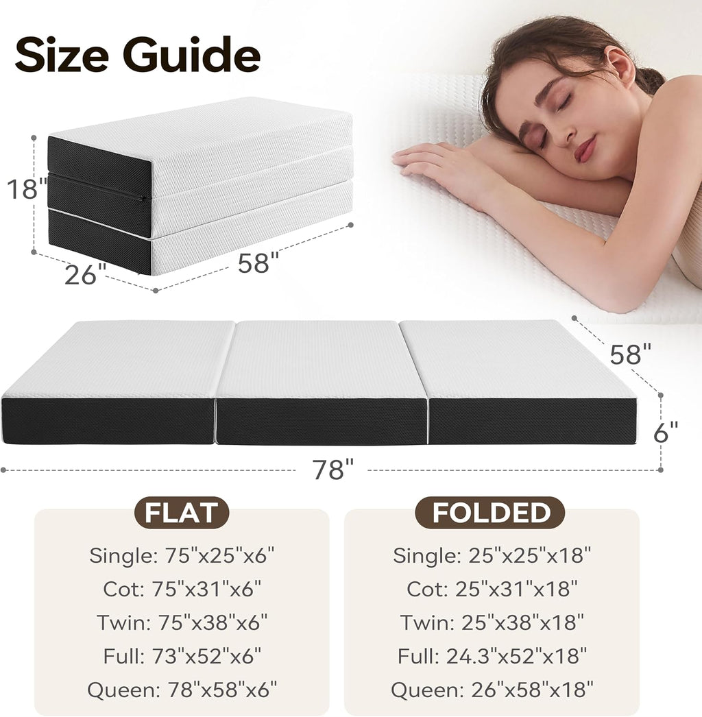 Foldable Mattress Queen – 6 Inch Tri Fold Memory Foam Folding Bed with Washable Cover, Non-Slip Bottom, Portable Floor Mattress for RV, Guest Room, Camping, No Fiberglass Fireproof Core, 78"x58"x6"