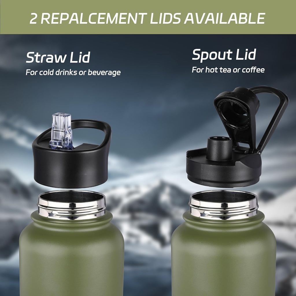 HASLE OUTFITTERS 40oz Stainless Steel Water Bottle, Vacuum Insulated Double Walled Leak Proof Sports Water Bottle with 2 Lids (Straw and Spout Lid) Thermo Mug Keep Cold and Hot(Army Green,4)