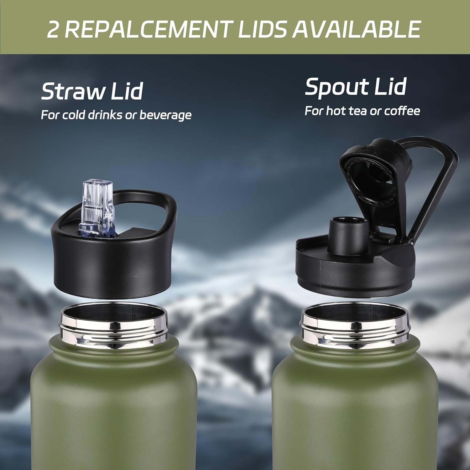 HASLE OUTFITTERS 40oz Stainless Steel Water Bottle, Vacuum Insulated Double Walled Leak Proof Sports Water Bottle with 2 Lids (Straw and Spout Lid) Thermo Mug Keep Cold and Hot(Army Green,4)