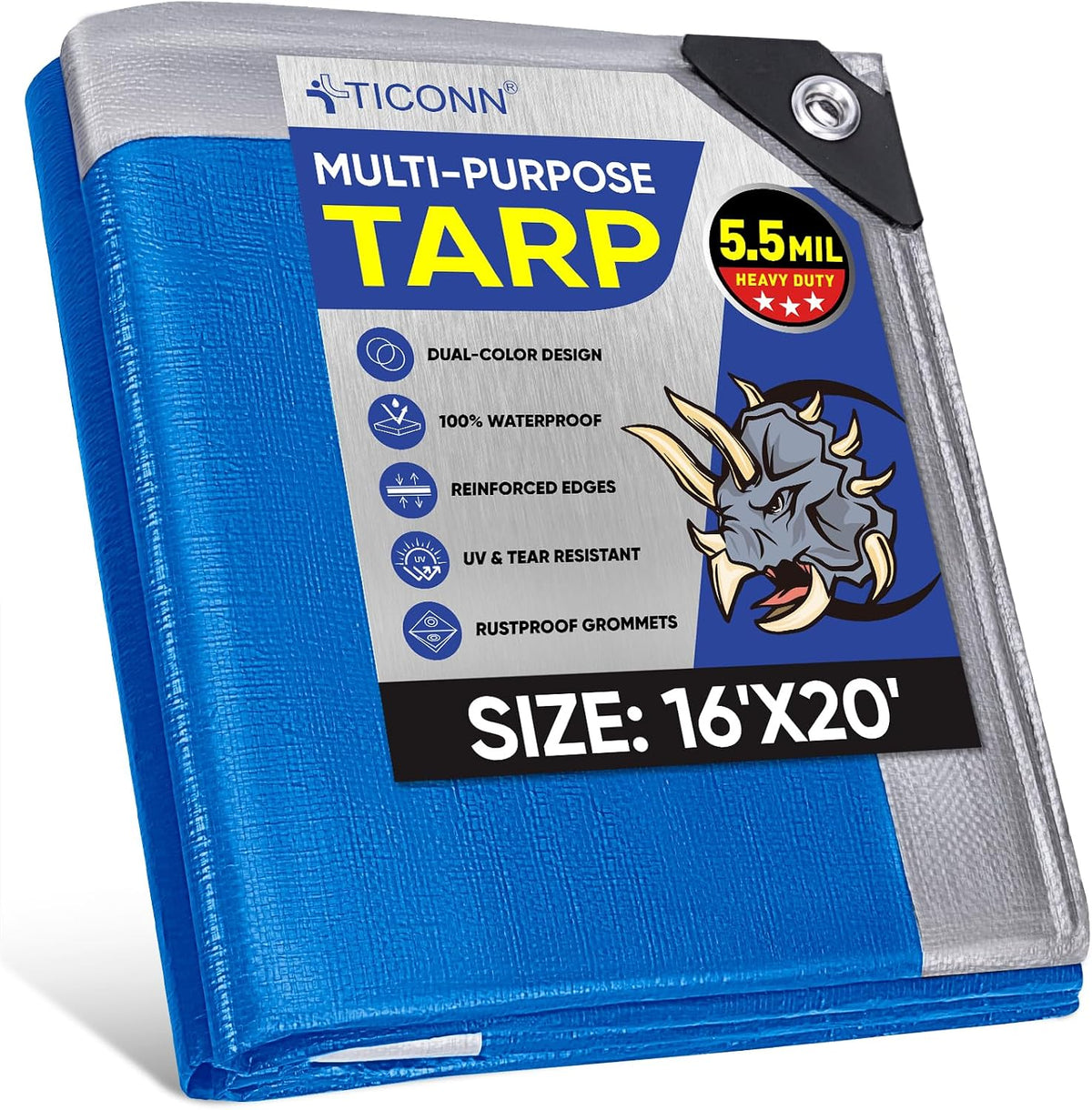 TICONN Heavy Duty Tarp Cover Waterproof, Extra Thick UV Resistant Tarpaulin