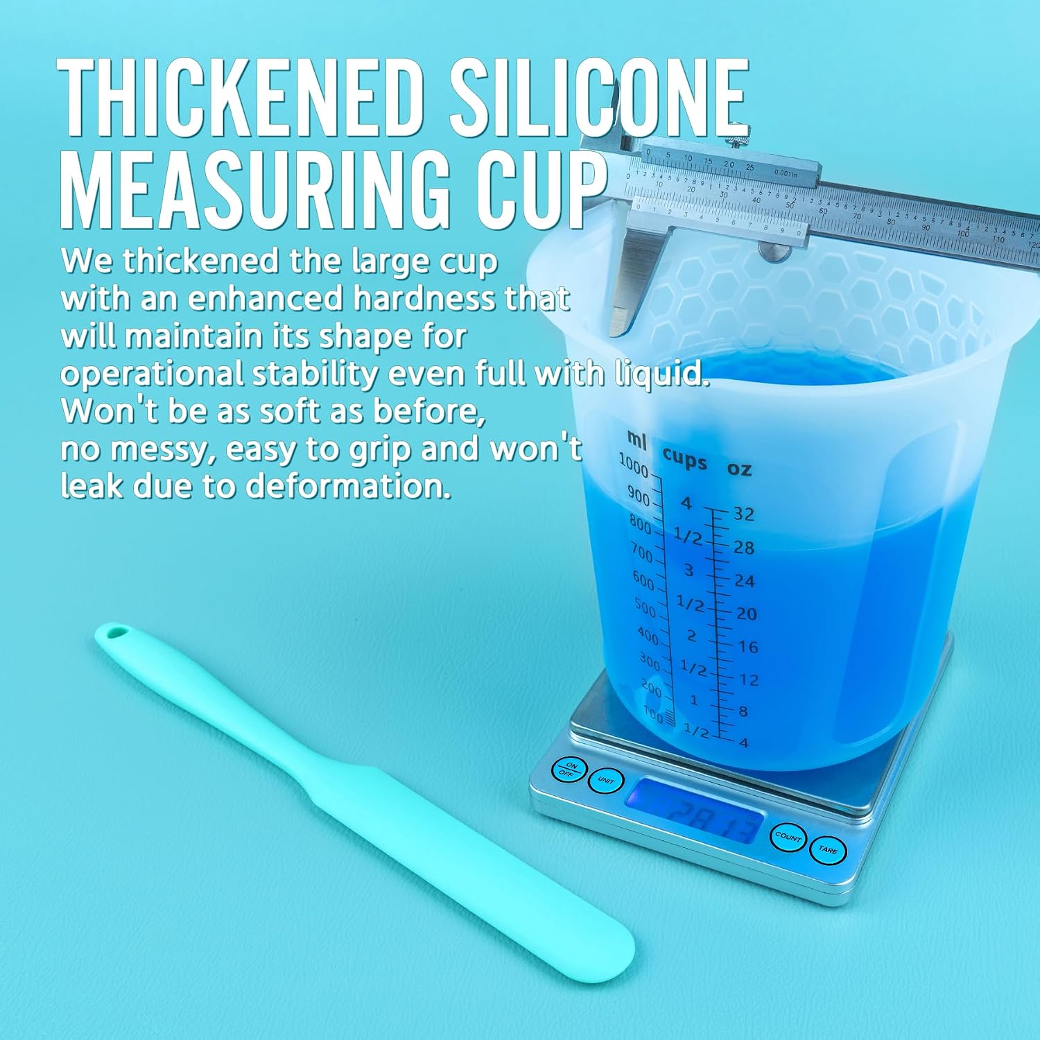 Silicone Resin Mixing 1L Measuring Cup Set for Resin Supplies, Easy-to-Read Marks, 1000ml/32oz Large Cup, Thickened Reusable Silicone Cups for Epoxy Mixing, Jewelry Making