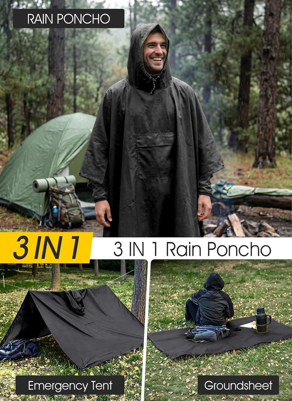 TOMSHOO Multifunctional Raincoat with Hood Waterproof for Adults