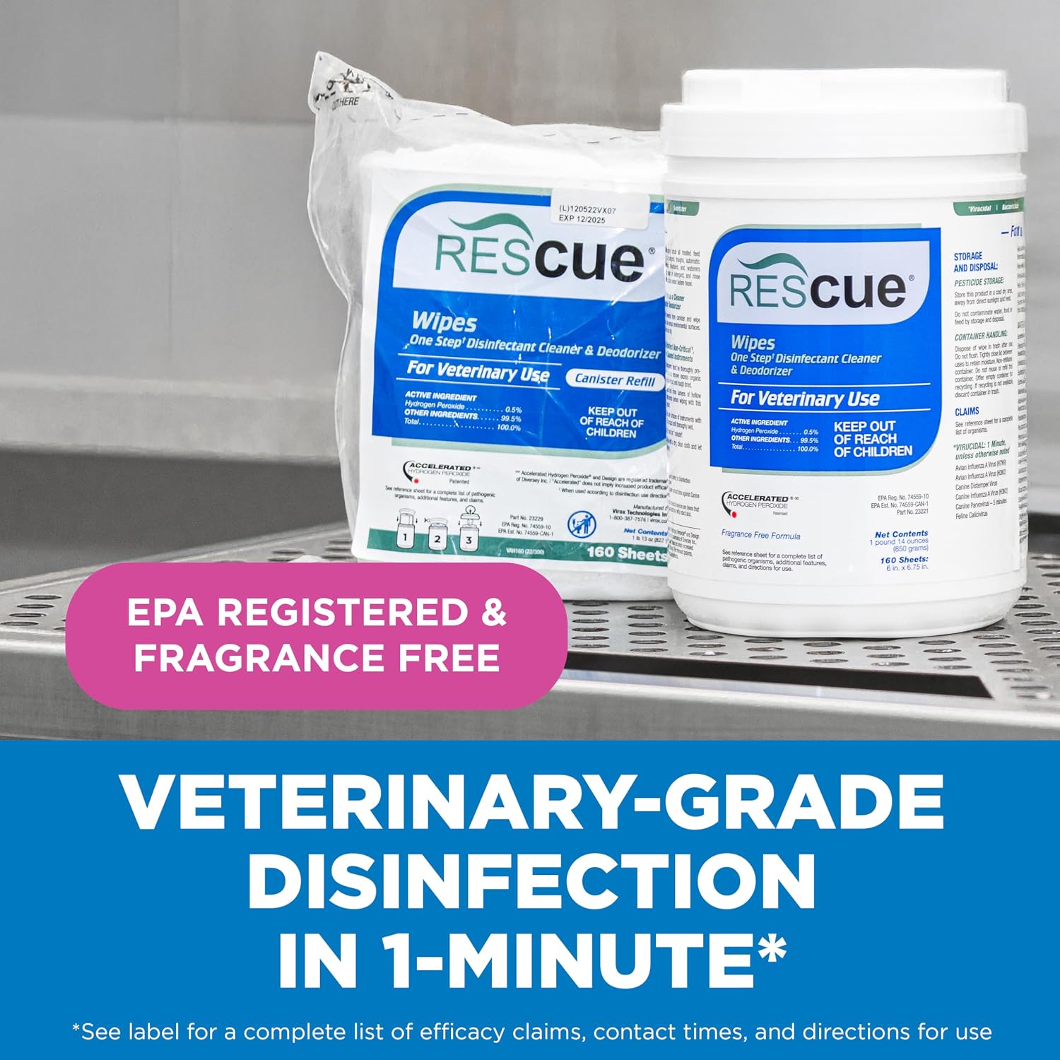 REScue One-Step Disinfectant Cleaner & Deodorizer Wipes for Vet Use – Cleaner for Kennels, Litter Boxes, Vet Offices, Pet Grooming Surfaces, Pet Items – Wipes Canister, 160-Count (Pack of 1)