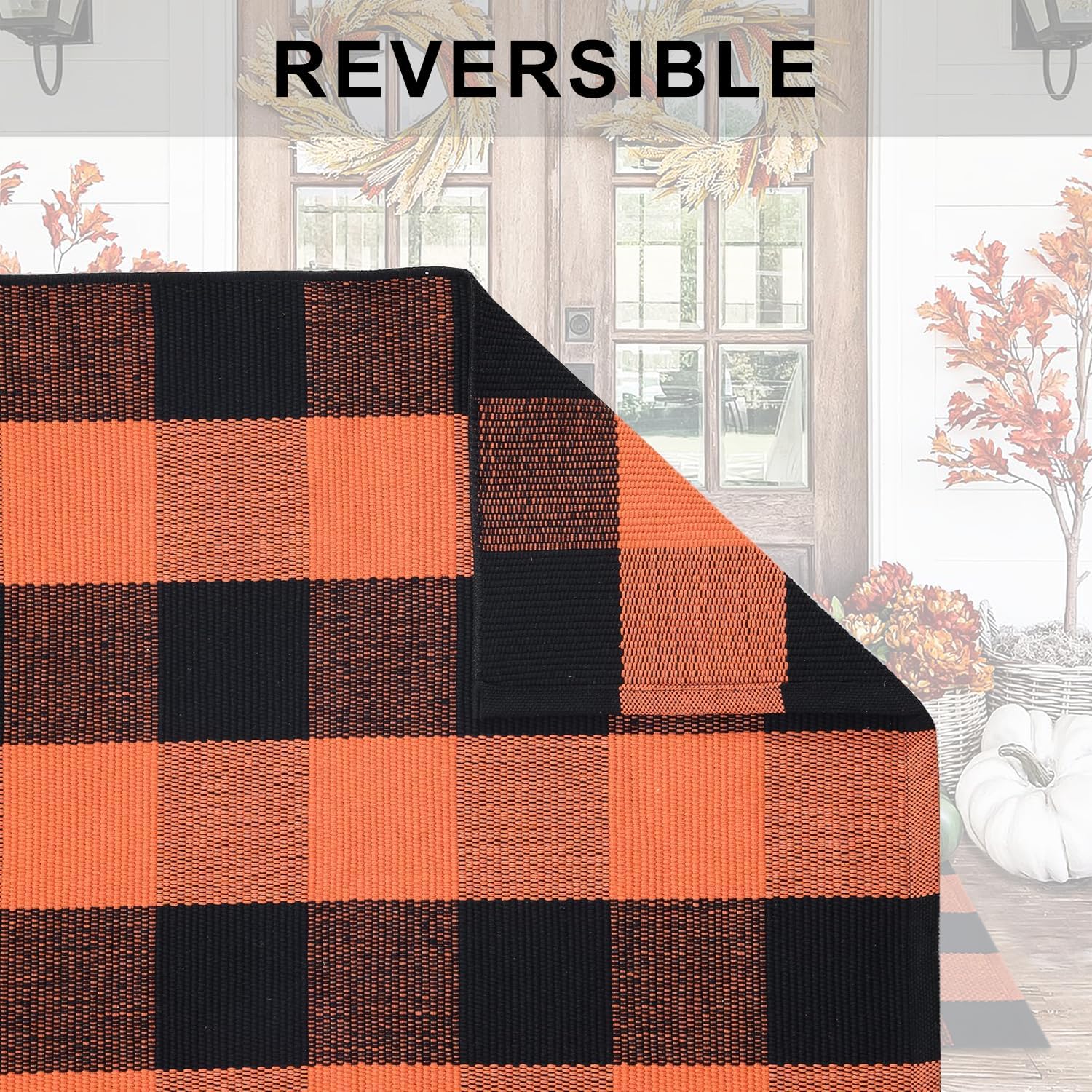 Orange and Black Plaid Rug, 28'' x 43'' Fall Outdoor Front Door Decor Mat, Cotton Washable Hand-Woven Rug for Layered Doormat, Autumn Halloween Thanksgiving Carpet for Porch, Entryway