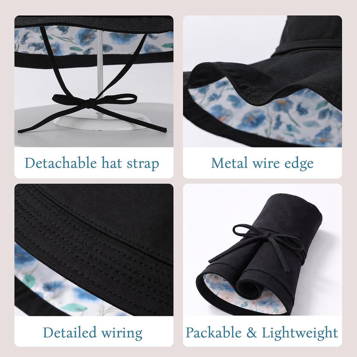 Wide Brim Sun Hat for Women Reversible Beach Hats Metal Wired Edge Gardening Hats, UPF 50+ Bucket Summer Hat