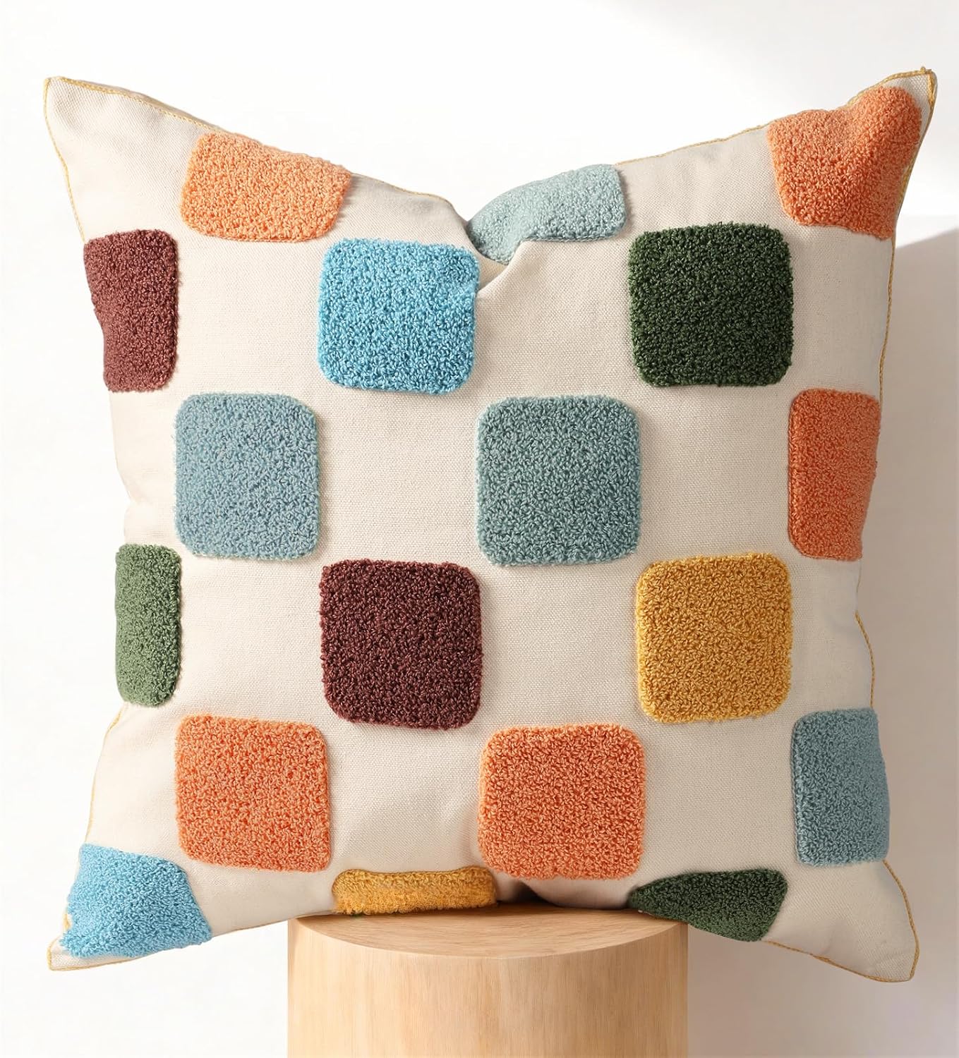 Embroidered Throw Pillow Cover 18x18 Inch, Colorful Plaid