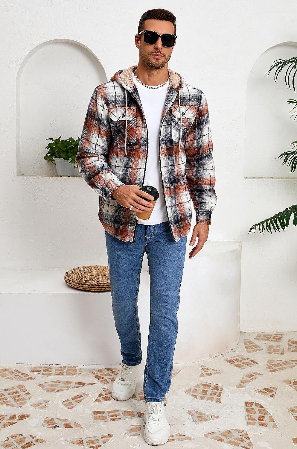 Men's Zip Up Flannel Shirt Jacket Fleece Lined with Hood