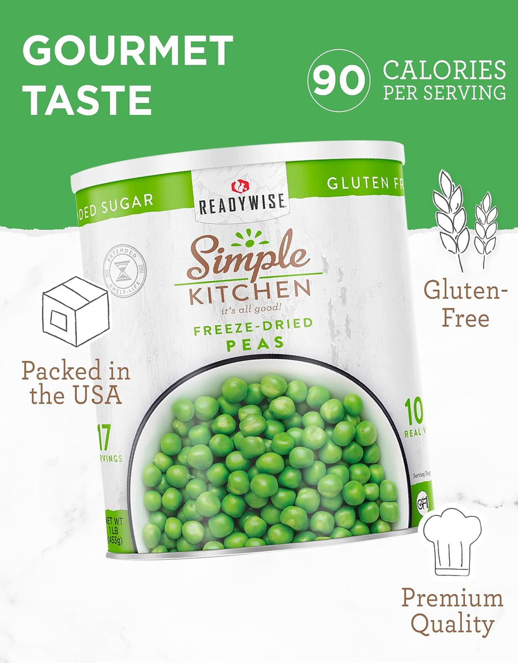 SIMPLE KITCHEN Freeze Dried Peas #10 Can, 17 Servings, Emergency Camping