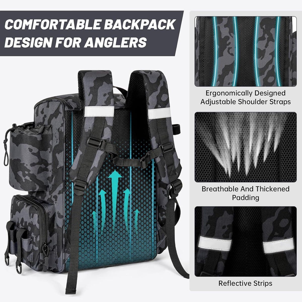 40L Tackle Fishing Backpack with 2 Rod Holders, Fits 4 3600 Trays