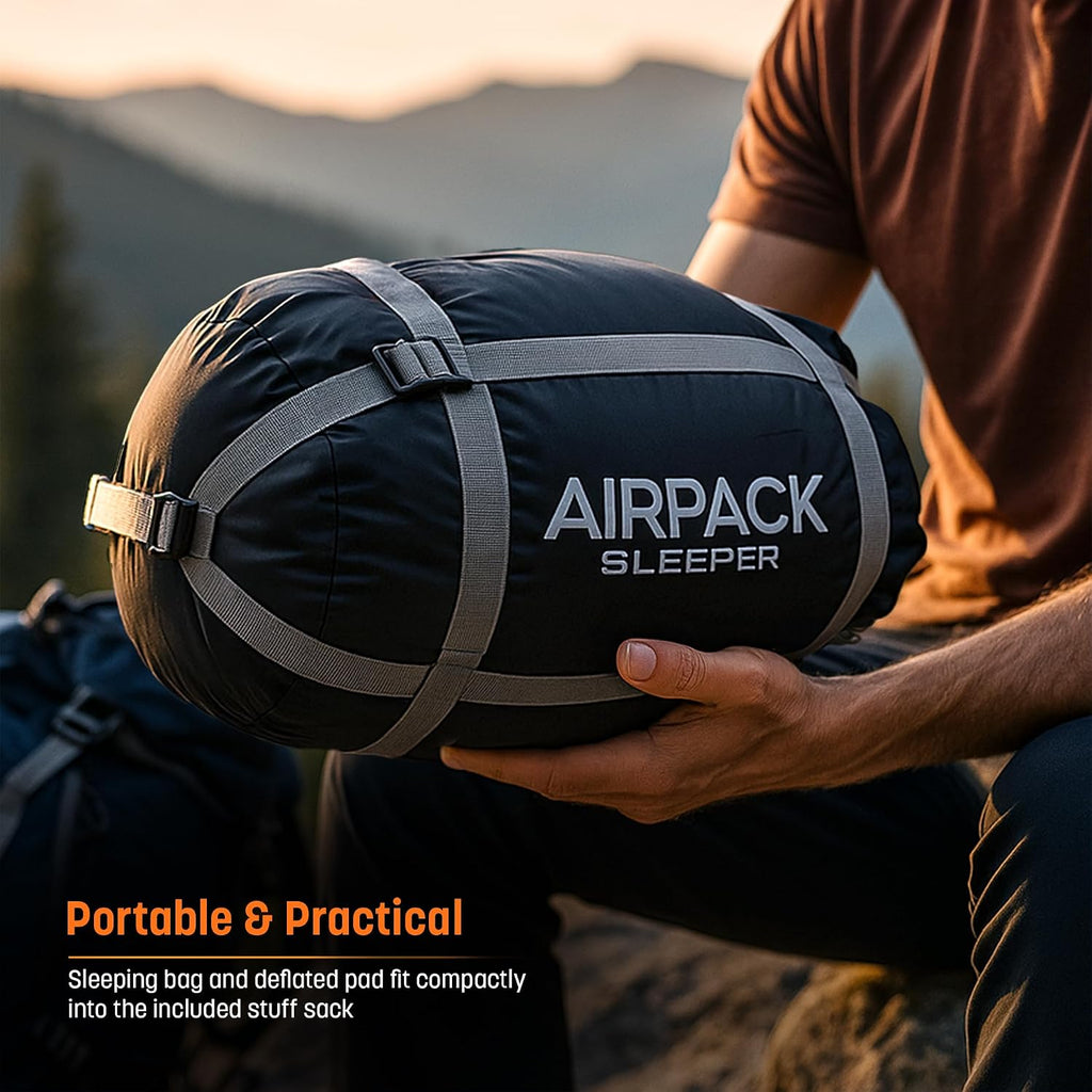 Sleeping Bag with Built-in Pad (AirPack Sleeper) - All-in-One Inflatable Sleeping Pad and Zip-Up Blanket for Camping with Built-in Foot Pump (Black/Green) 80"×30"