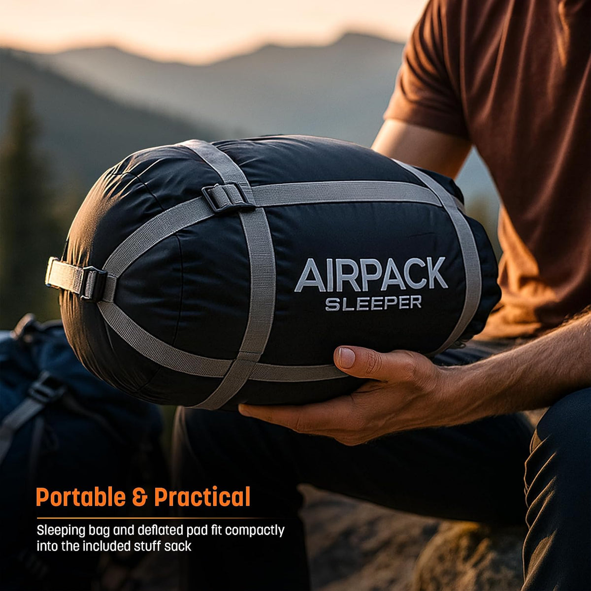 Sleeping Bag with Built-in Pad (AirPack Sleeper) - All-in-One Inflatable Sleeping Pad and Pillow for Camping with Built-in Foot Pump (Blue/Gray) 210x80cm