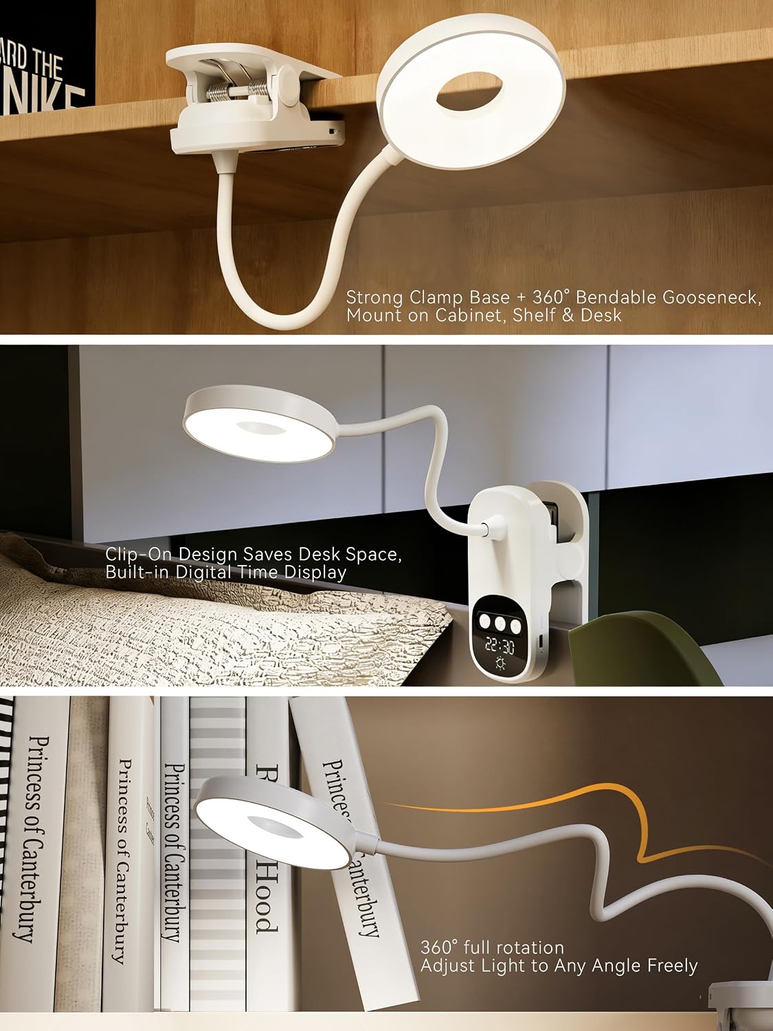 Clip On Desk Lamp Wireless 6000mAh Rechargeable LED Reading Light 3 Colors