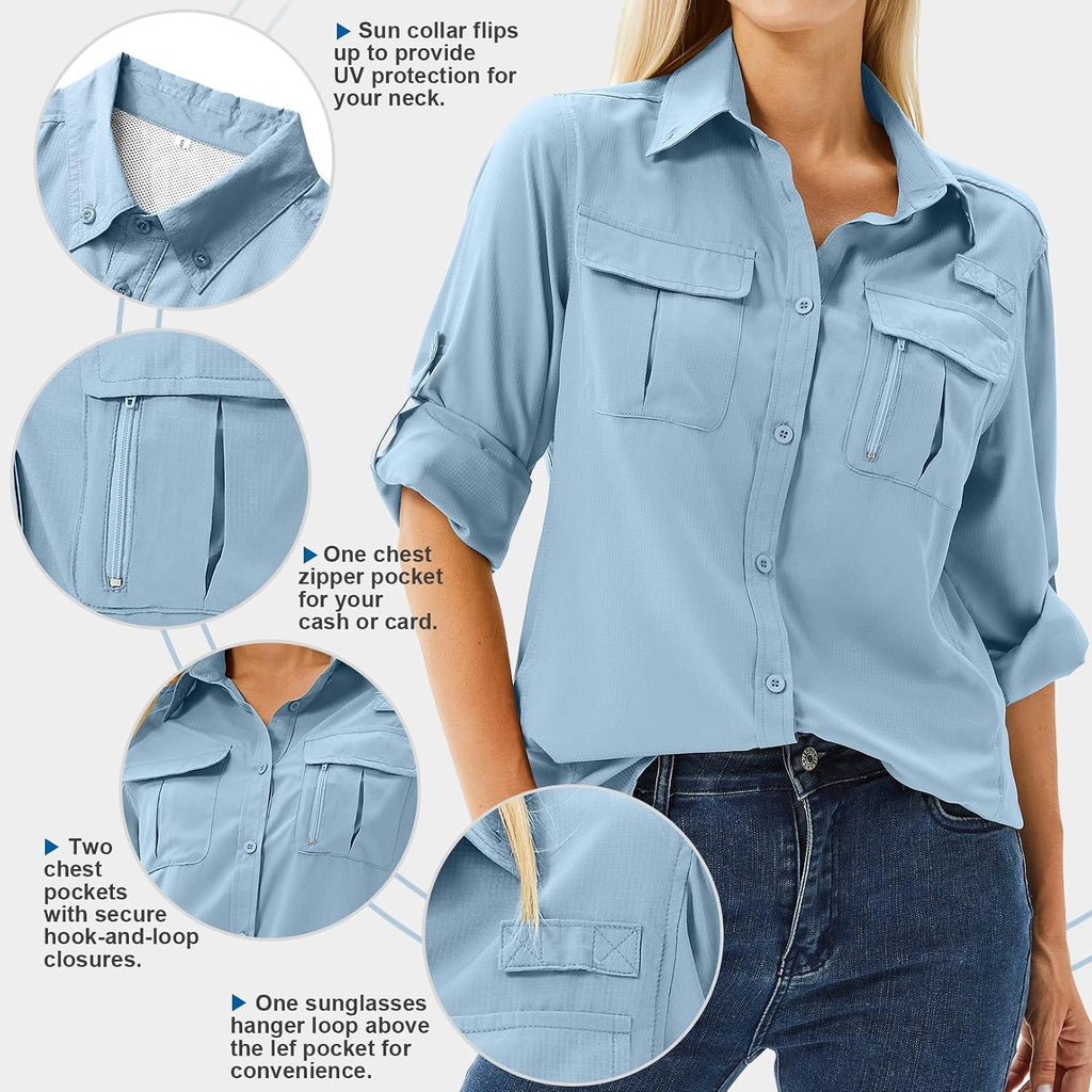 Women's UPF 50 Long Sleeve Sun Protection Safari Fish Hiking Shirts