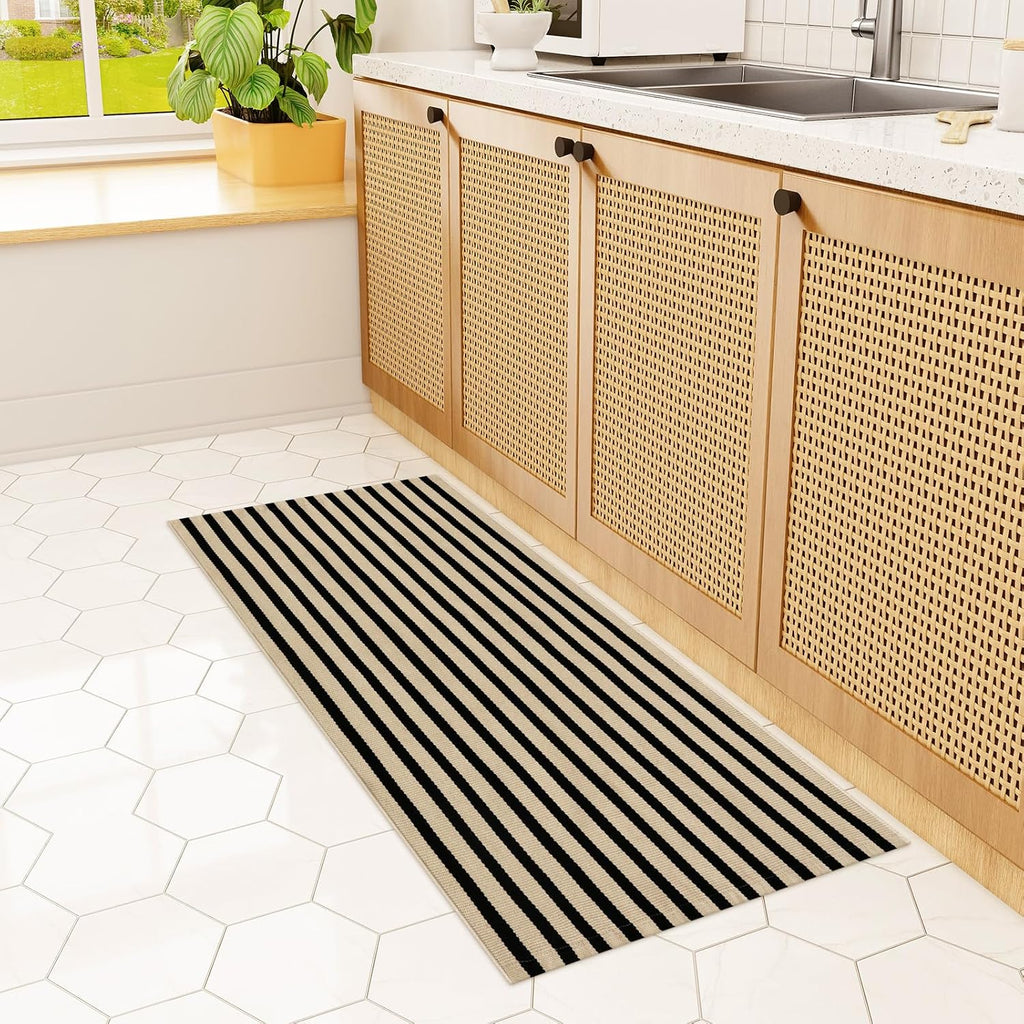Fall Front Door Mat 2'x4.3', Cotton Washable Striped Outdoor Rug