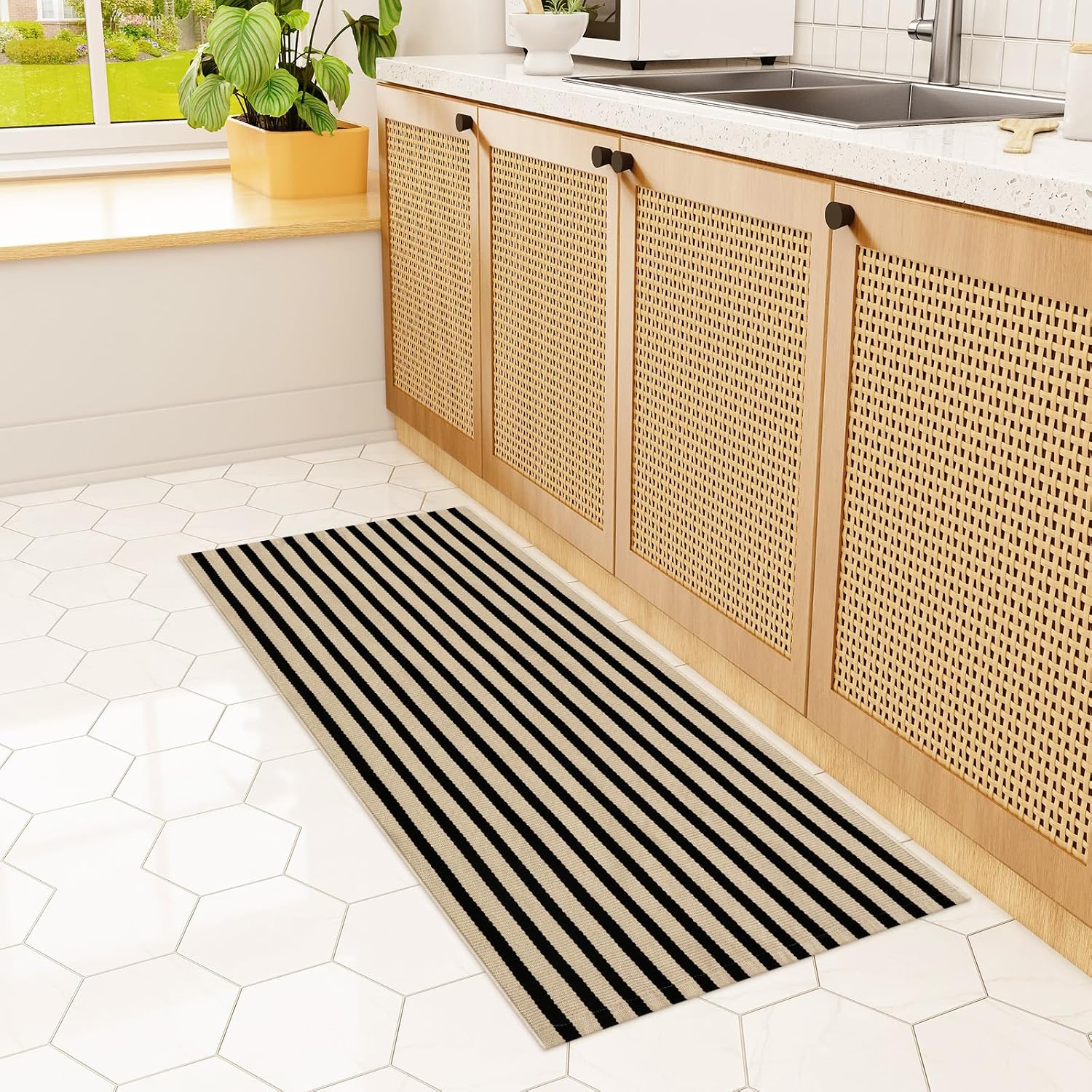Fall Front Door Mat 2'x4.3', Cotton Washable Striped Outdoor Rug