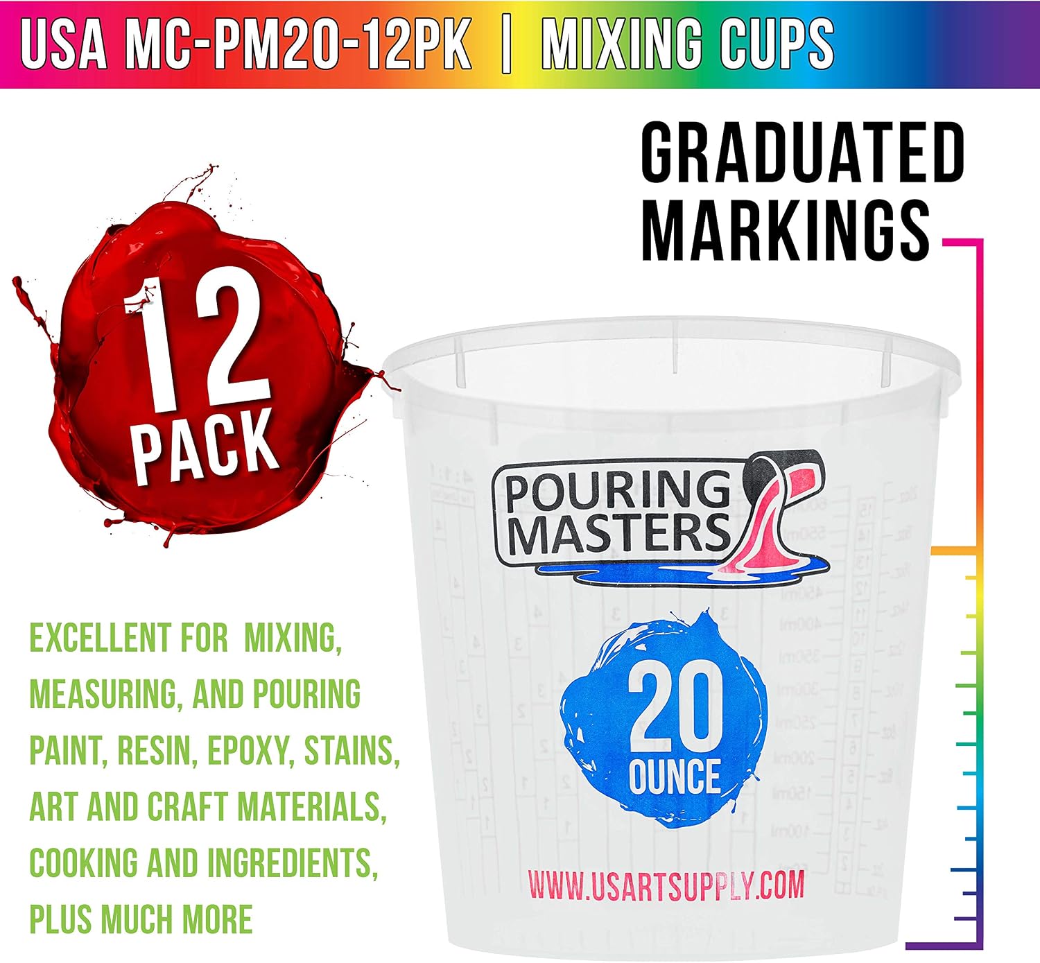 Pouring Masters 20 Ounce (600ml) Graduated Plastic Mixing Cups (Box of 12)