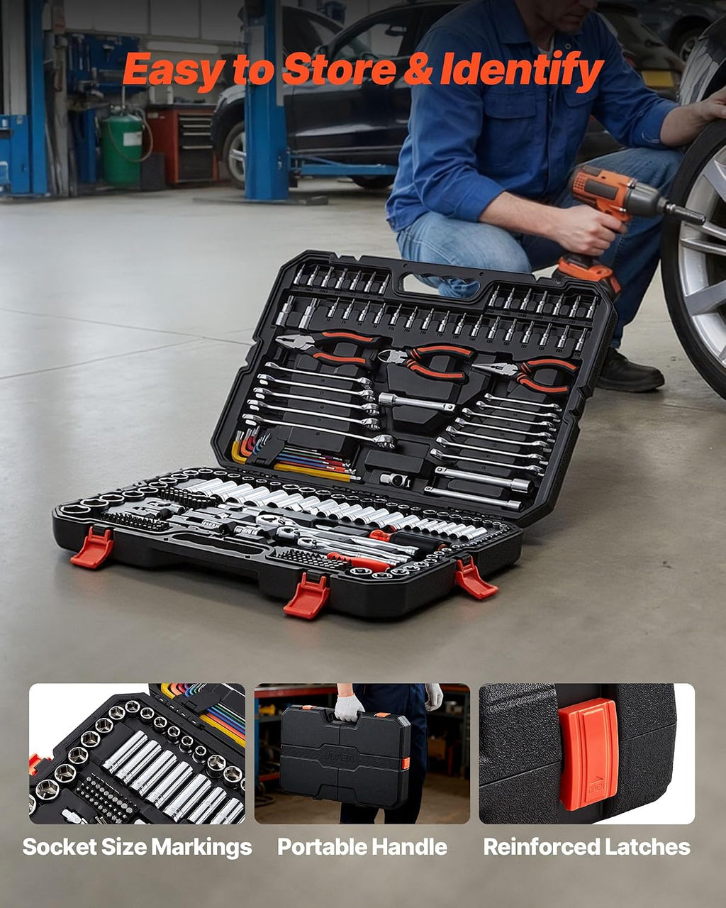 VEVOR Mechanics Tool Set, 314-Piece Mechanic Tool Kit, 1/4 in, 3/8 in, and 1/2 in Drive, Metric Socket Set, Wrenches, Screwdriver Bits, Accessories, and Storage Case, for Automotive and Home Repair