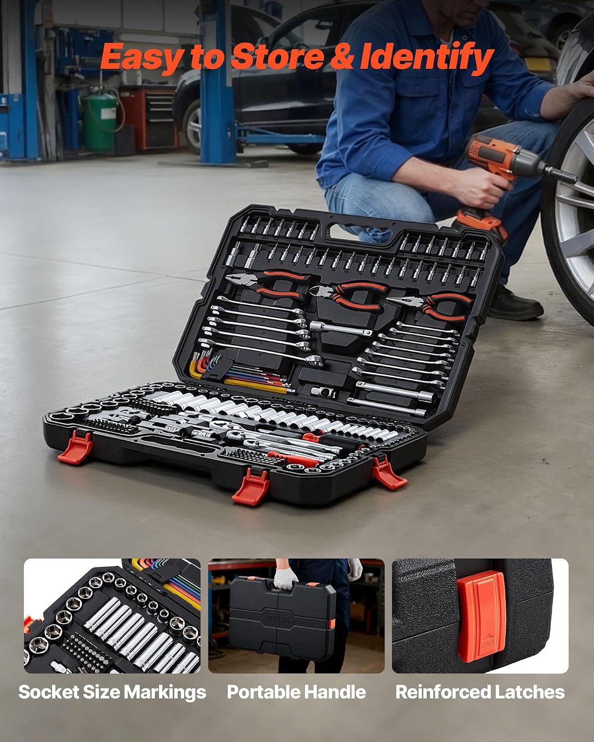 VEVOR Mechanics Tool Set, 314-Piece Mechanic Tool Kit, 1/4 in, 3/8 in, and 1/2 in Drive, Metric Socket Set, Wrenches, Screwdriver Bits, Accessories, and Storage Case, for Automotive and Home Repair