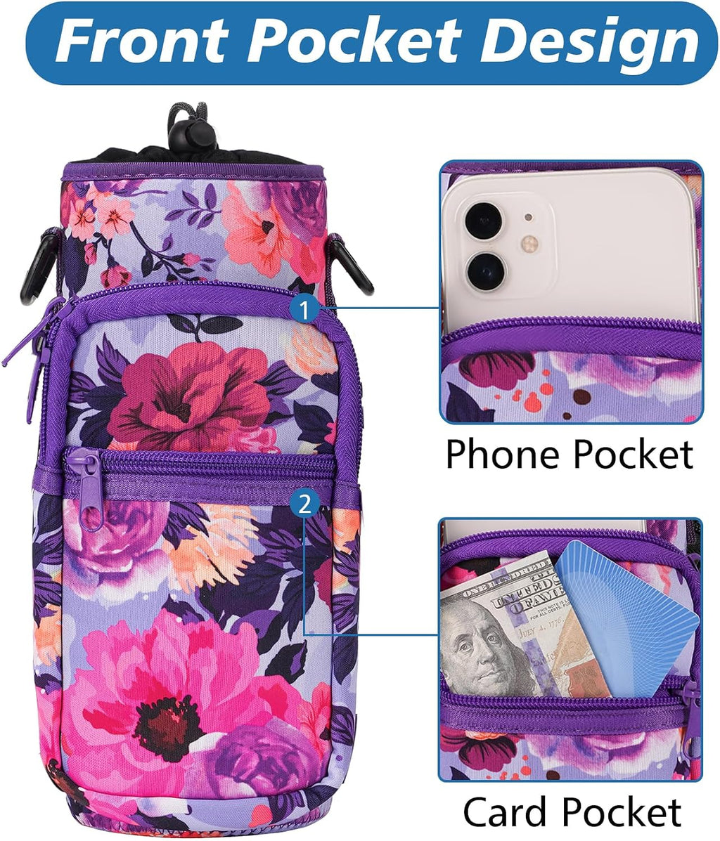 AceTreker 32 40 oz Water Bottle Carrier with Strap, Neoprene Water Bottle Sleeve Bag with 2 Pockets Insulated Flask Sling Holder for Walking Hiking Gym