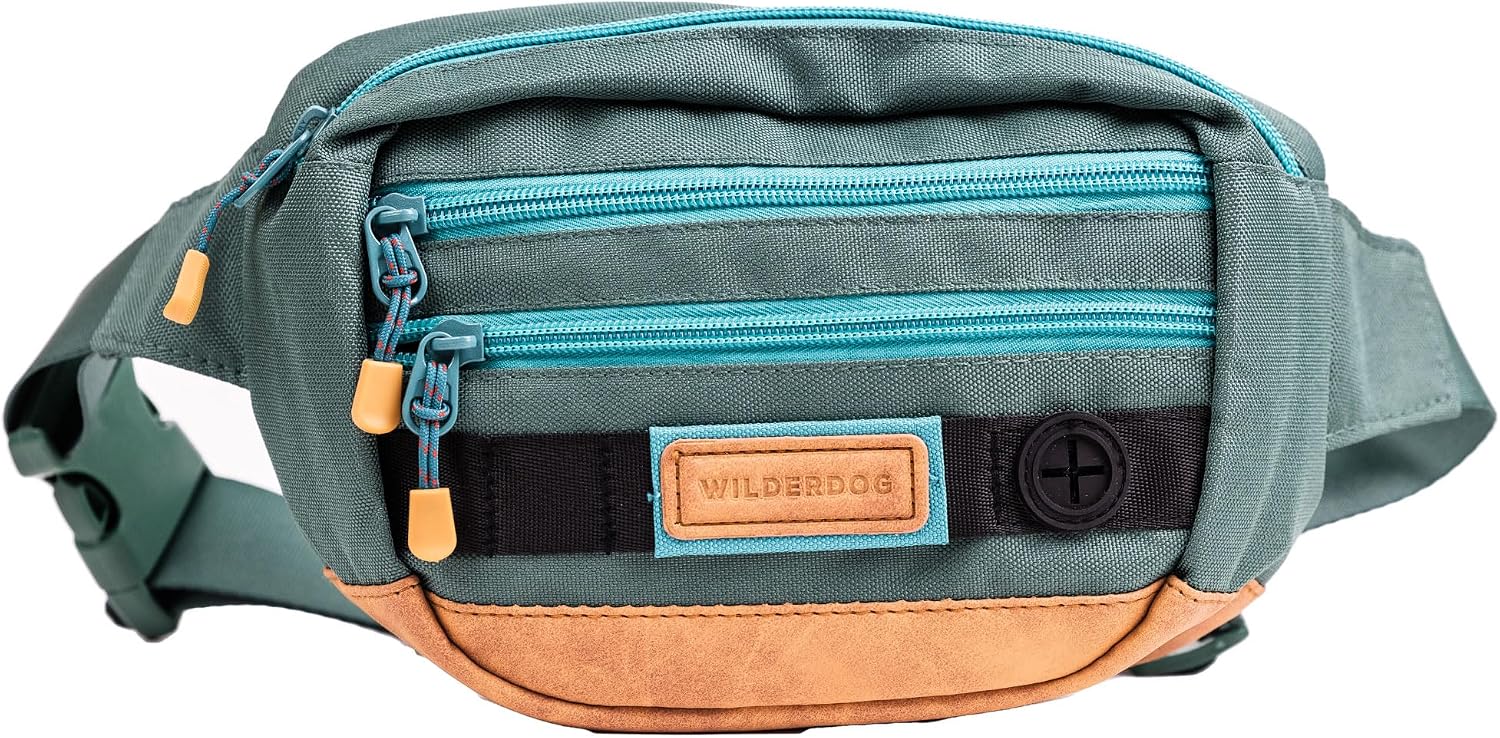 Wilderdog Utility Fanny Pack stores Treats, Balls, Keys in 3 Pockets with adjustable strap and Poop Bag dispenser (Black)