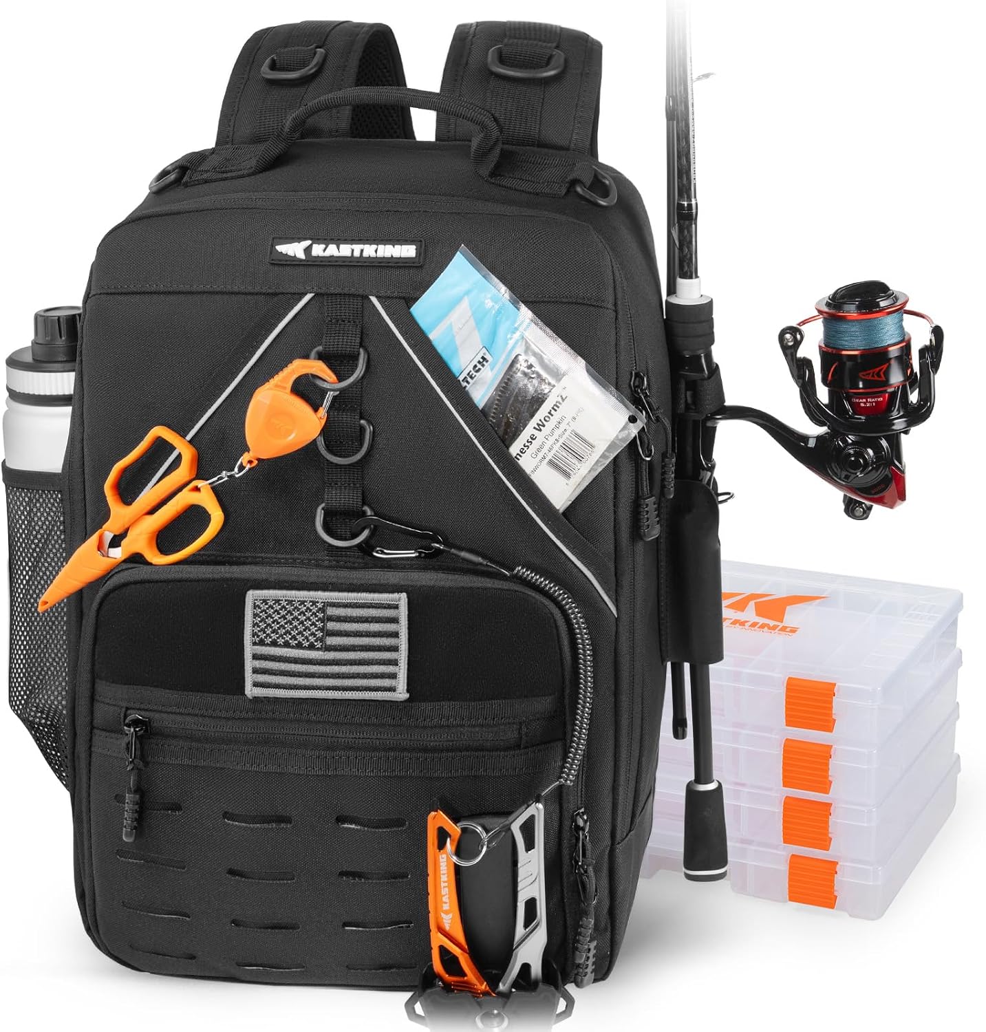 KastKing KarryAll Fishing Backpack with Rod Holder 4 Tackle Boxes, 40/26L